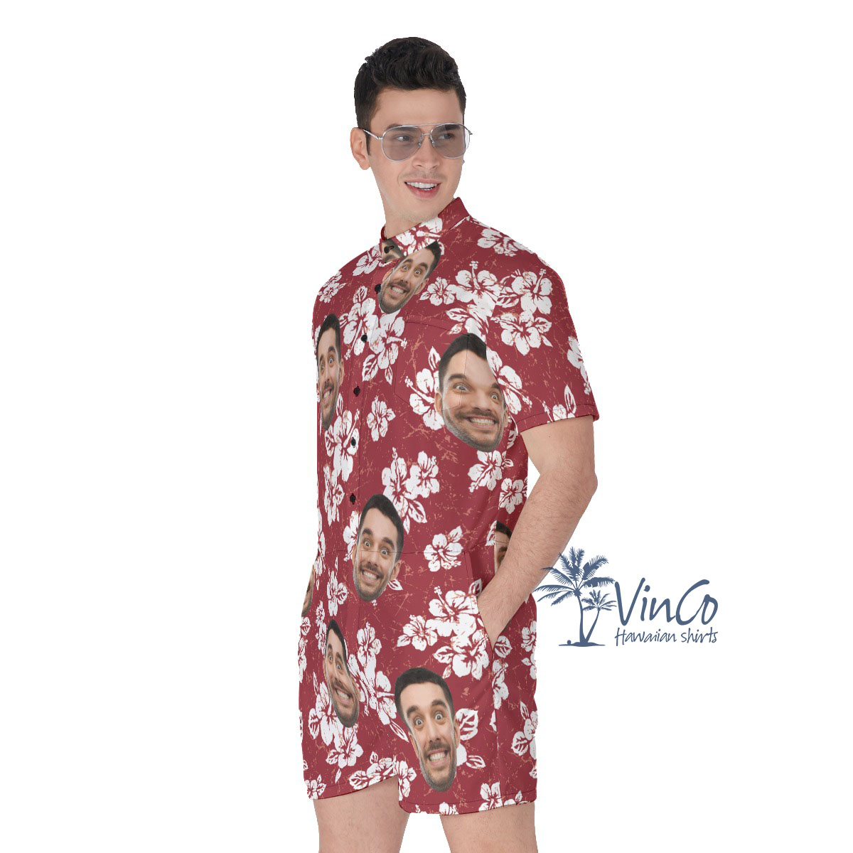 Hibiscus Floral Custom Men's Hawaiian Romper With Multi Faces