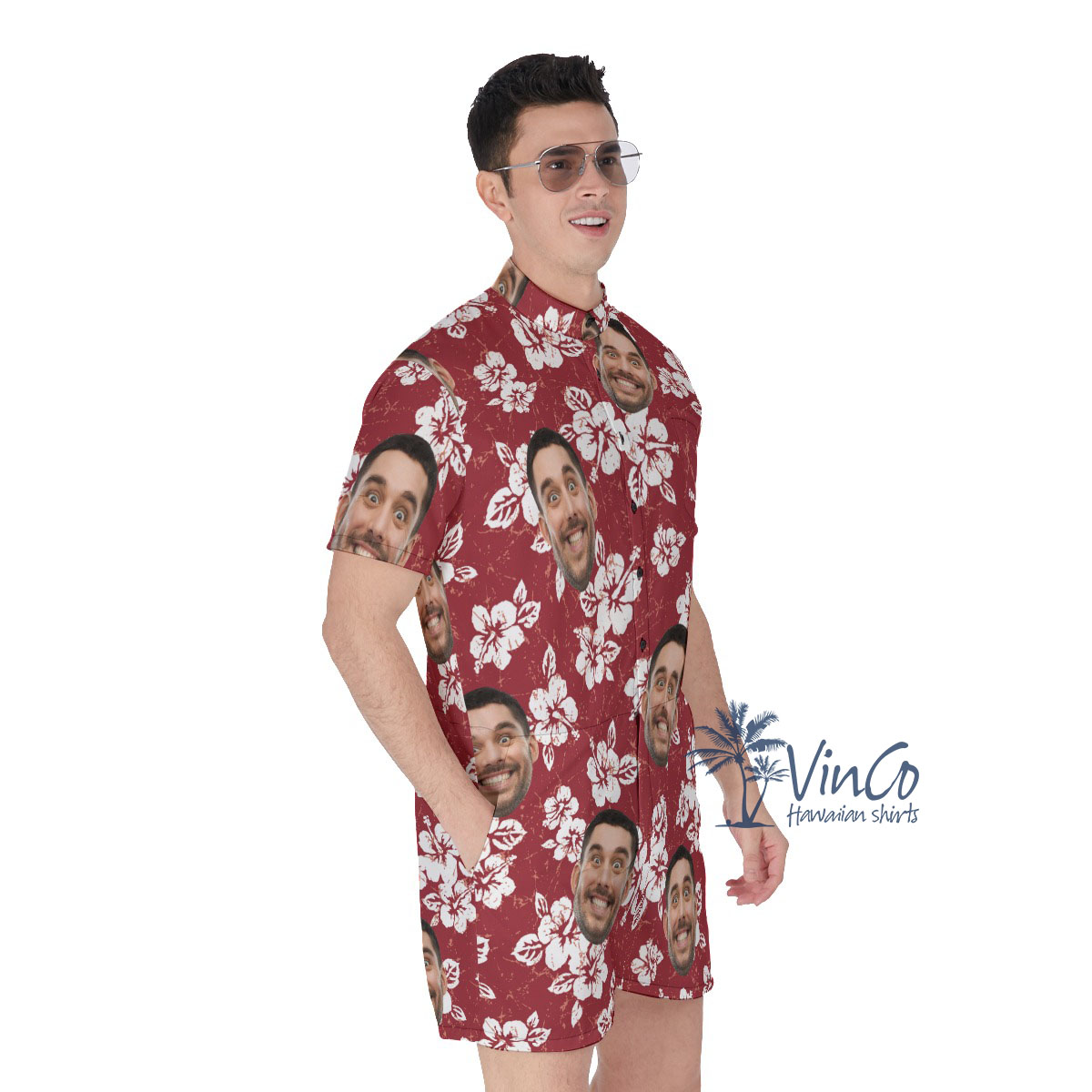Hibiscus Floral Custom Men's Hawaiian Romper With Multi Faces