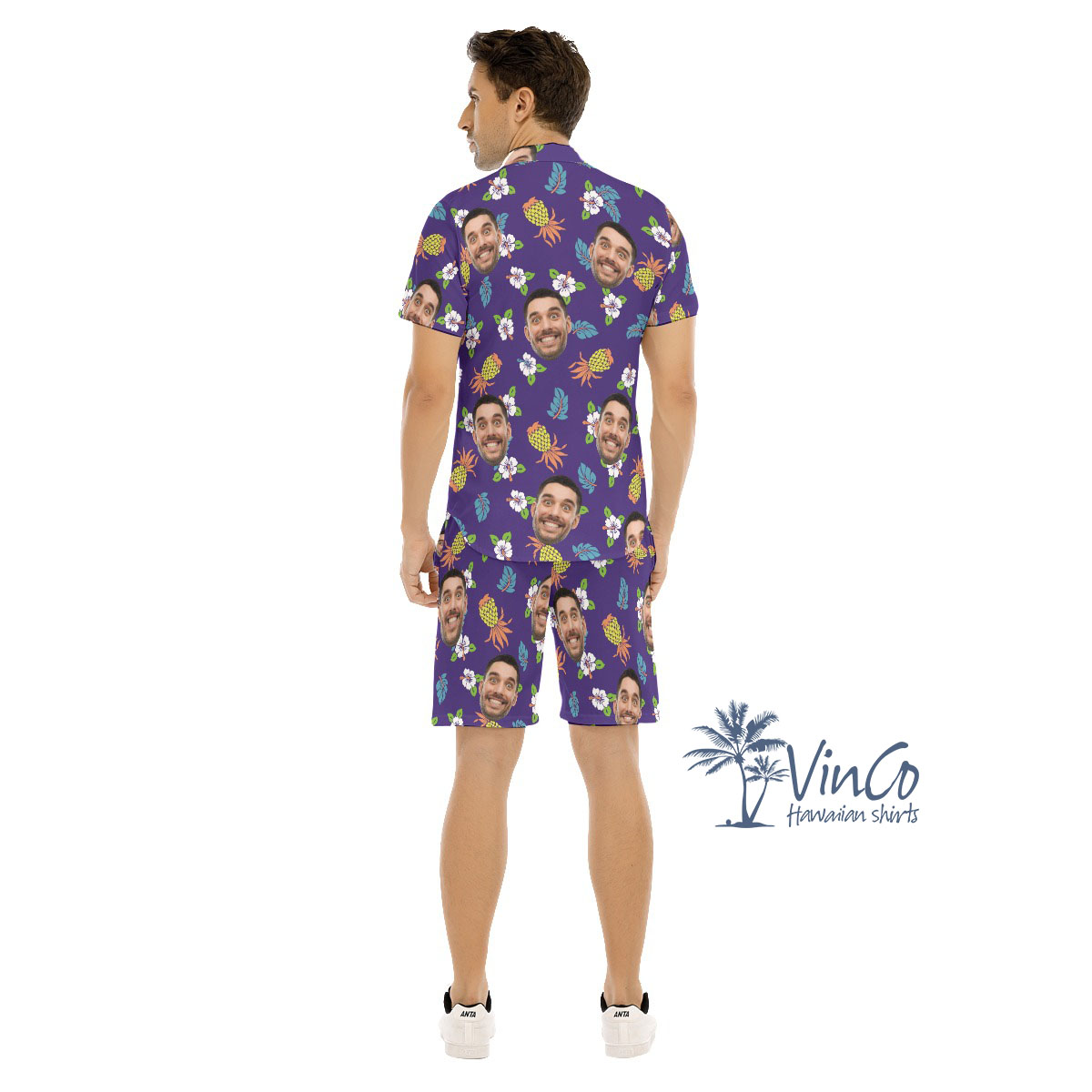 Pineapple Navy Custom Face Hawaiian Shirt And Shorts For Men
