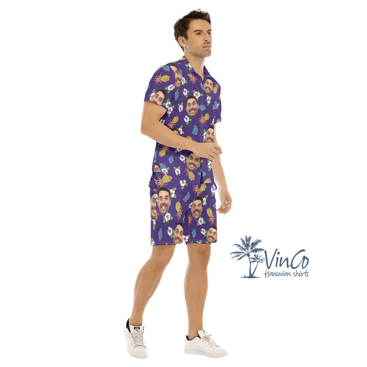 Pineapple Navy Custom Face Hawaiian Shirt And Shorts For Men