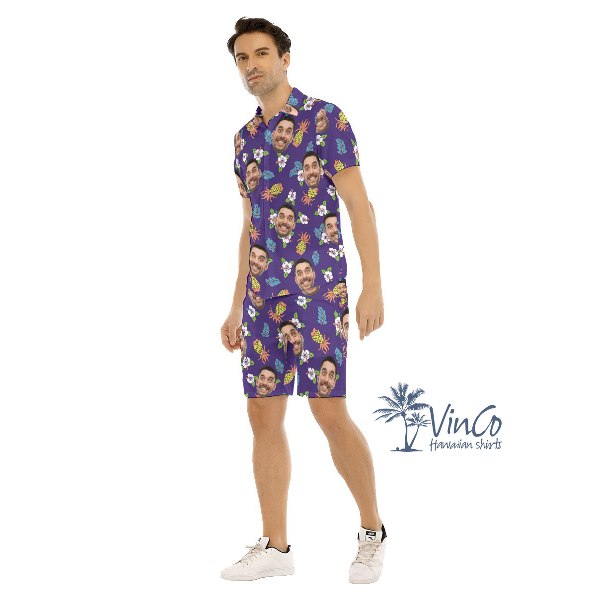 Pineapple Navy Custom Face Hawaiian Shirt And Shorts For Men