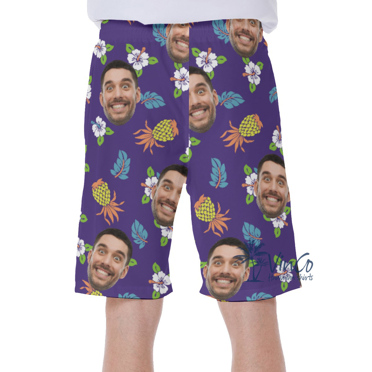 Pineapple Floral Navy Men's Swim Trunks With Custom Face