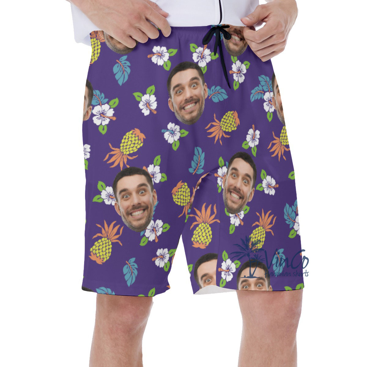 Pineapple Floral Navy Men's Swim Trunks With Custom Face
