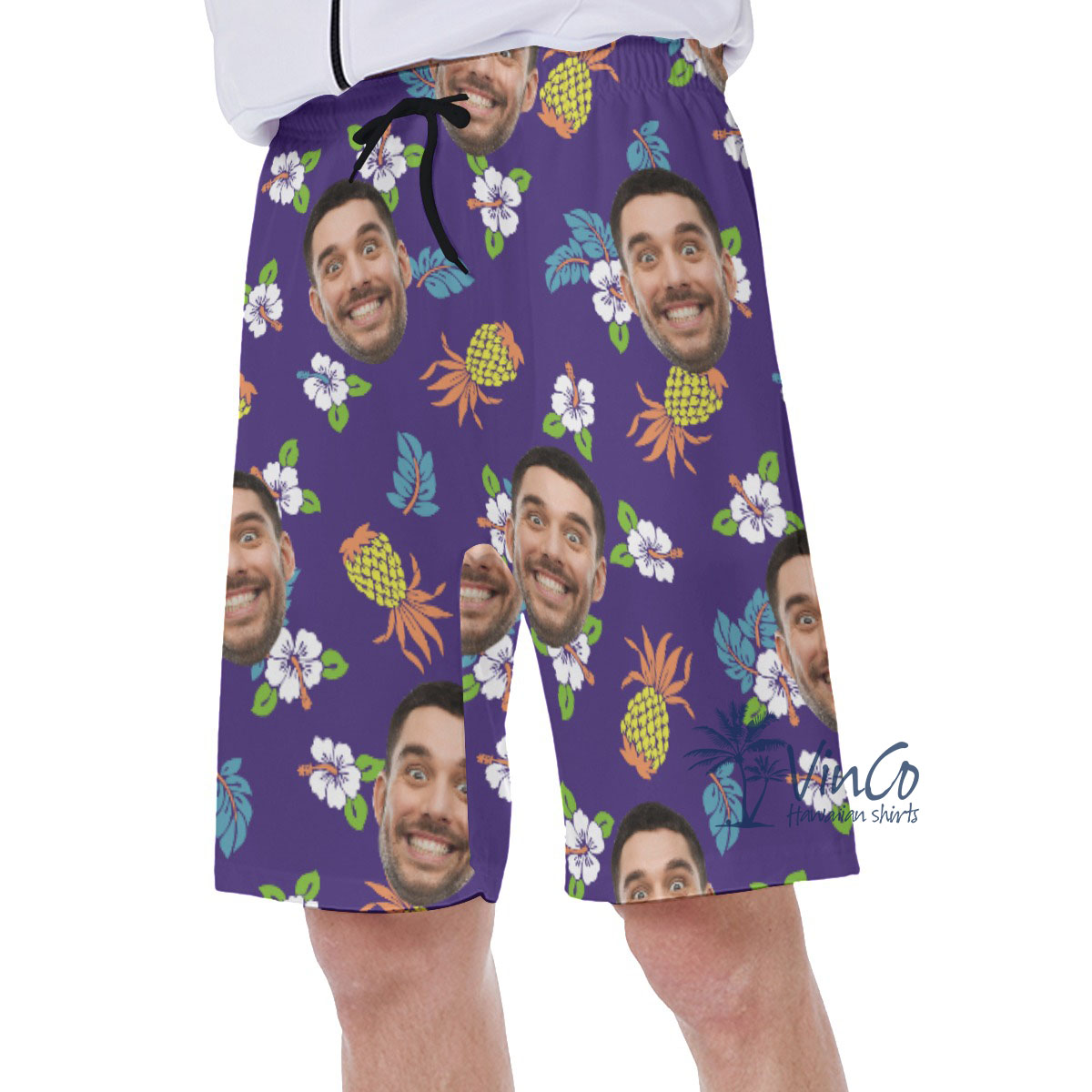 Pineapple Floral Navy Men's Swim Trunks With Custom Face