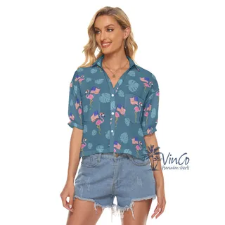 Patriotic Flamingo American Flag Cropped Hawaiian Shirt For Women