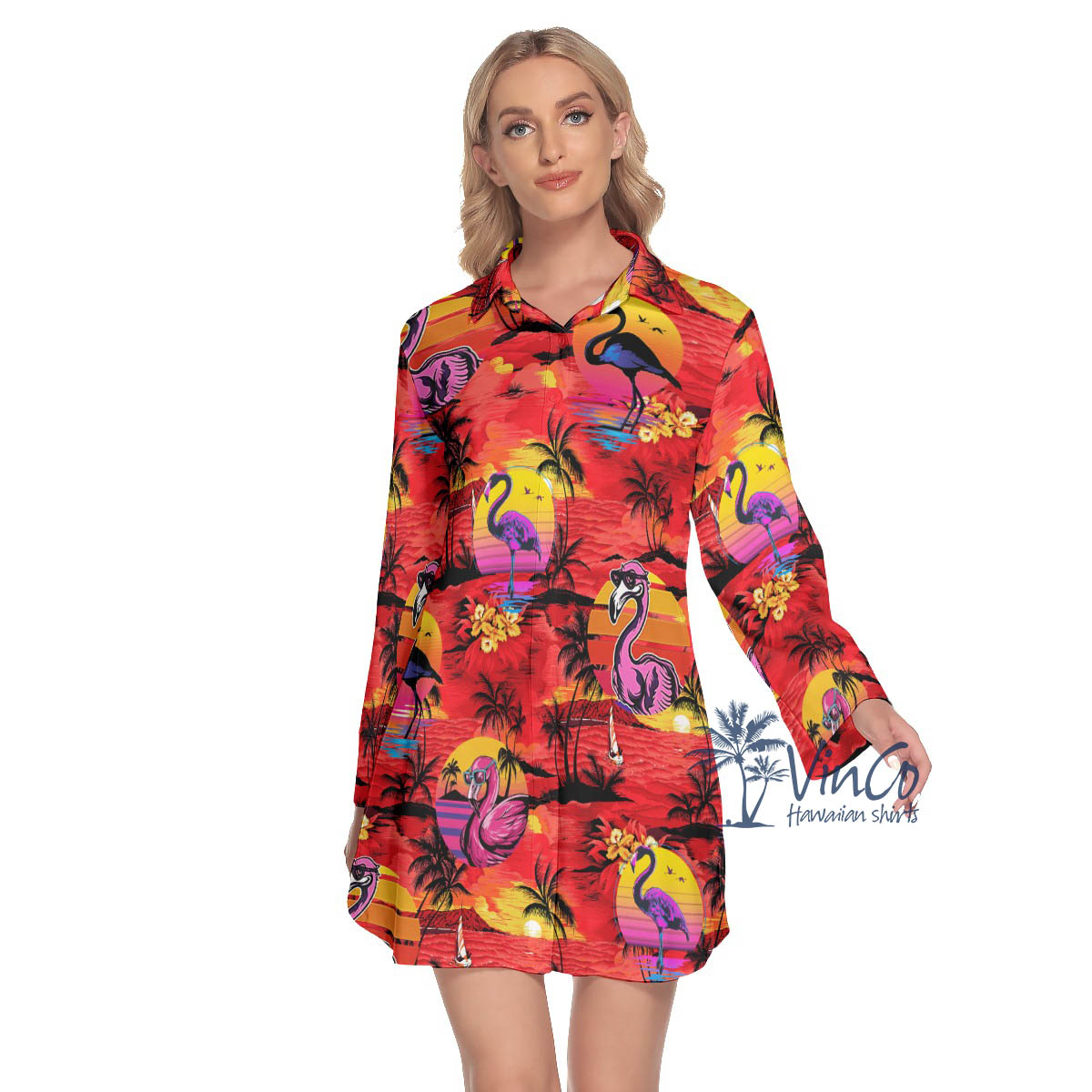 Funny Flamingo Tropical Red Hawaiian Shirt Dress For Women - variant image 1