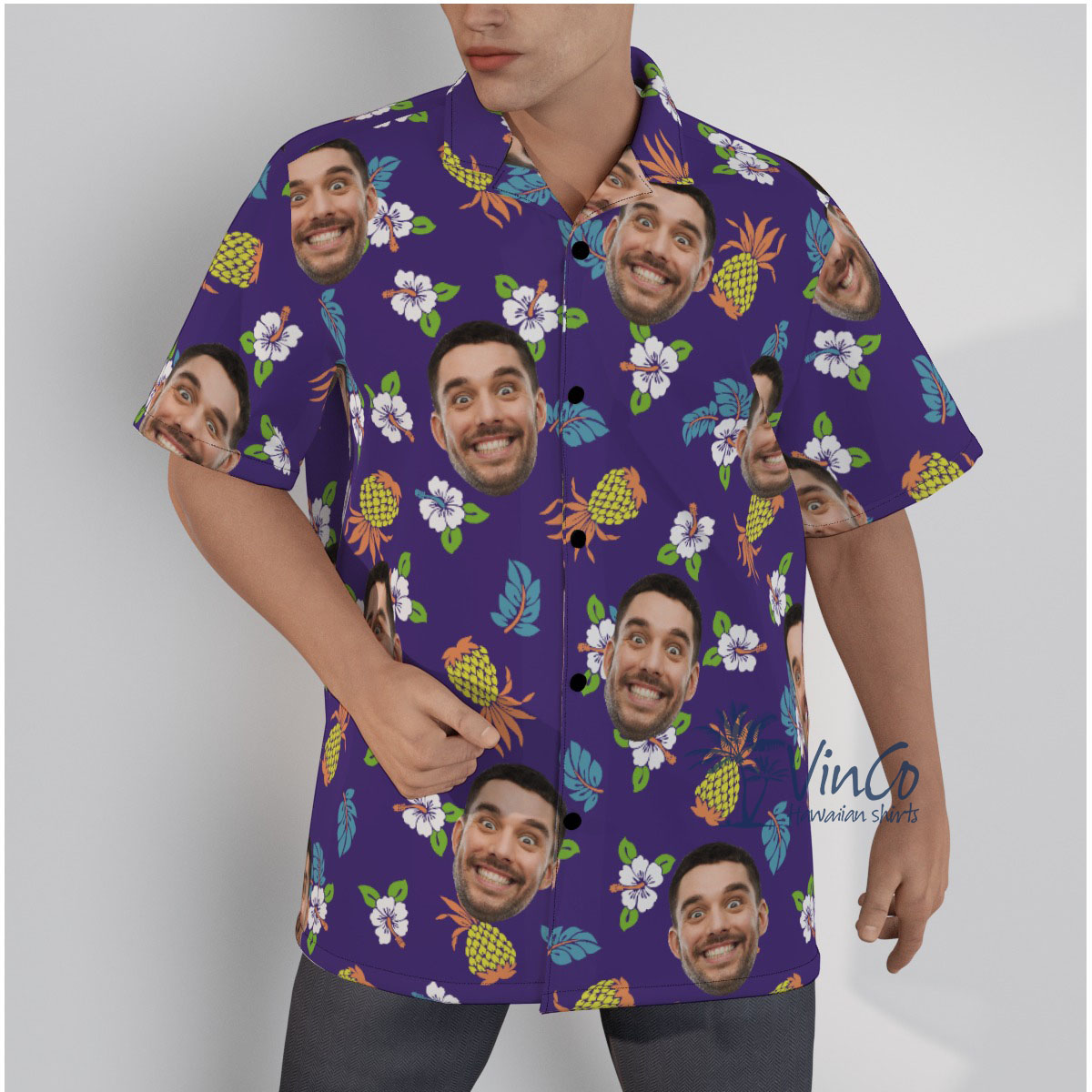 Pineapple Floral Navy Custom Hawaiian Shirt With Face - variant image 1