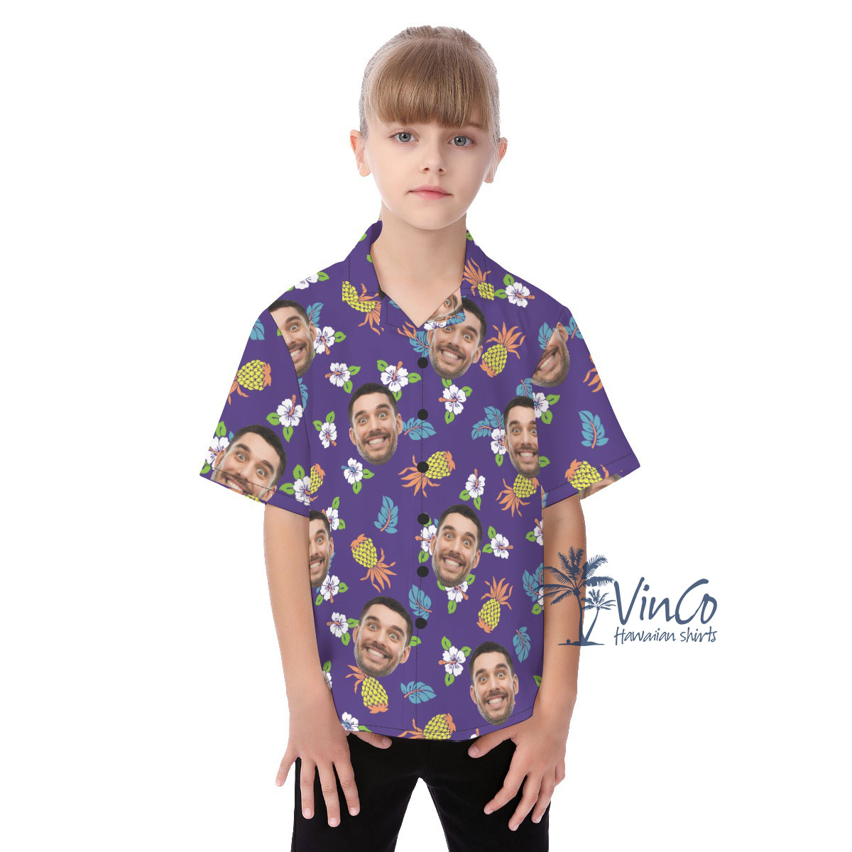 Pineapple Floral Navy Kid's Hawaiian Shirt With Custom Face - variant image 1