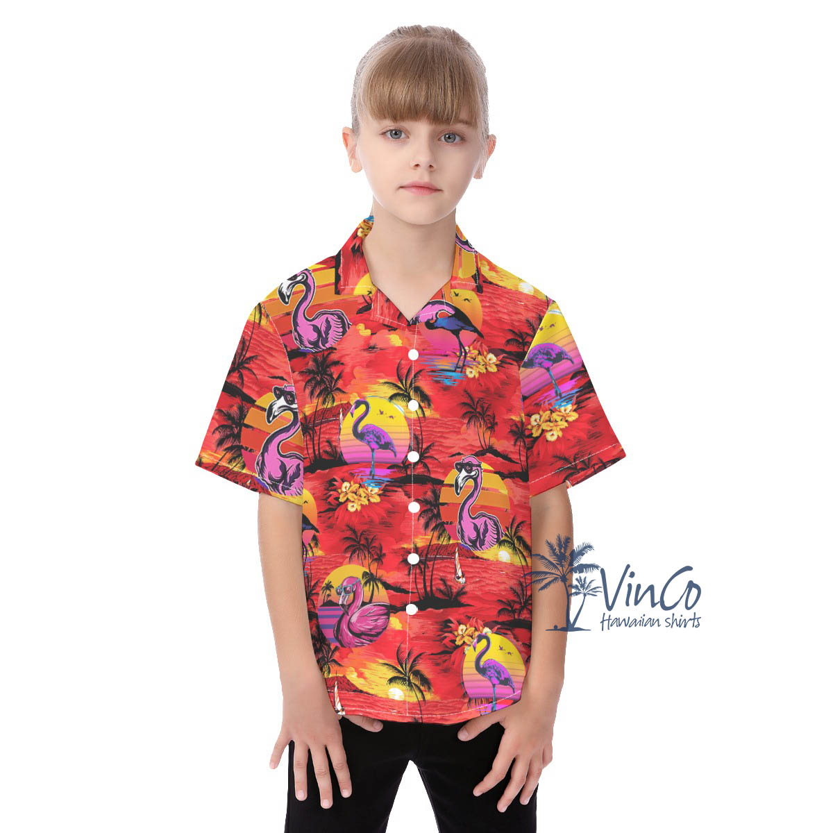 Cute Flamingo Tropical Palm Tree Red Aloha Shirt For Kids - variant image 1
