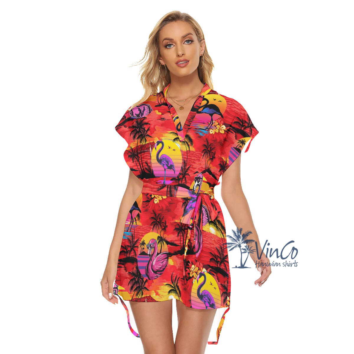 Funny Flamingo Tropical Palm Tree Hawaiian Dress With Belt For Women - variant image 1