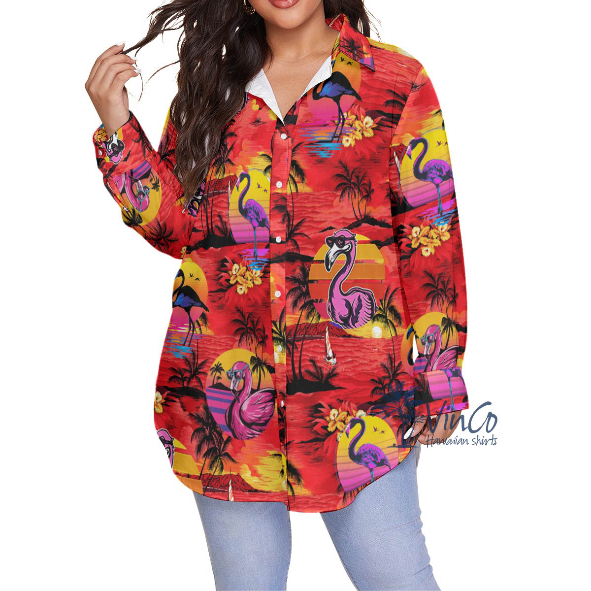 Funny Flamingo Tropical Red Hawaiian Plus Size Shirt For Women - variant image 1