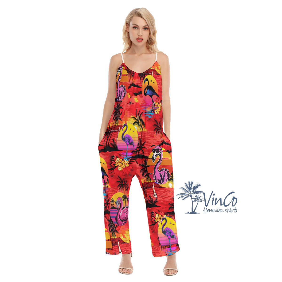 Funny Flamingo Tropical Red Hawaiian Jumpsuit For Women - variant image 1