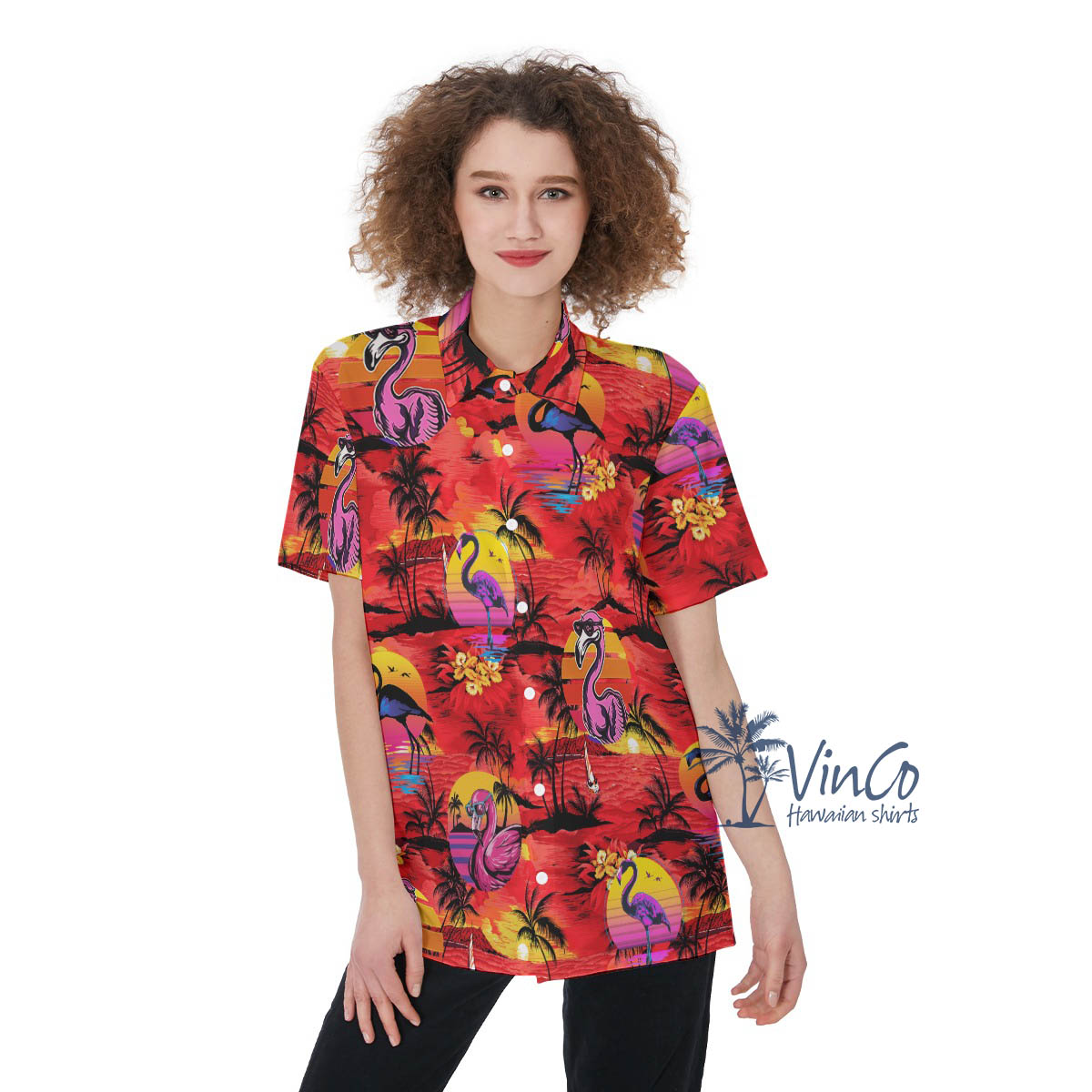 Tropical Palm Tree Flamingo Red Aloha Shirt For Women - variant image 1