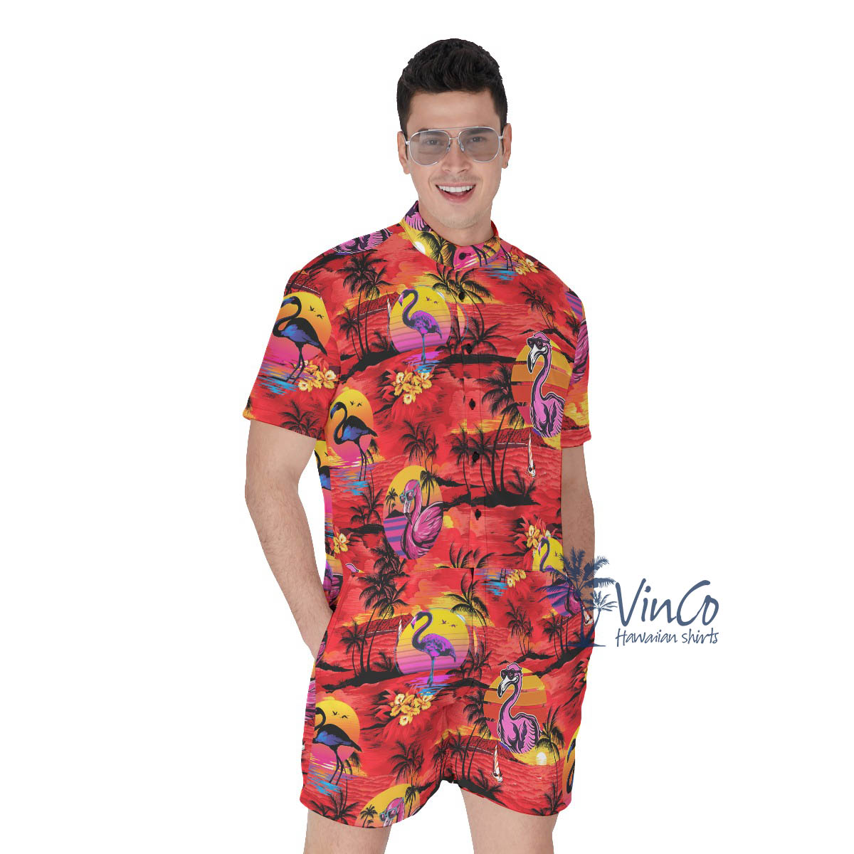 Funny Flamingo Tropical Palm Tree Hawaiian Romper For Men - variant image 1