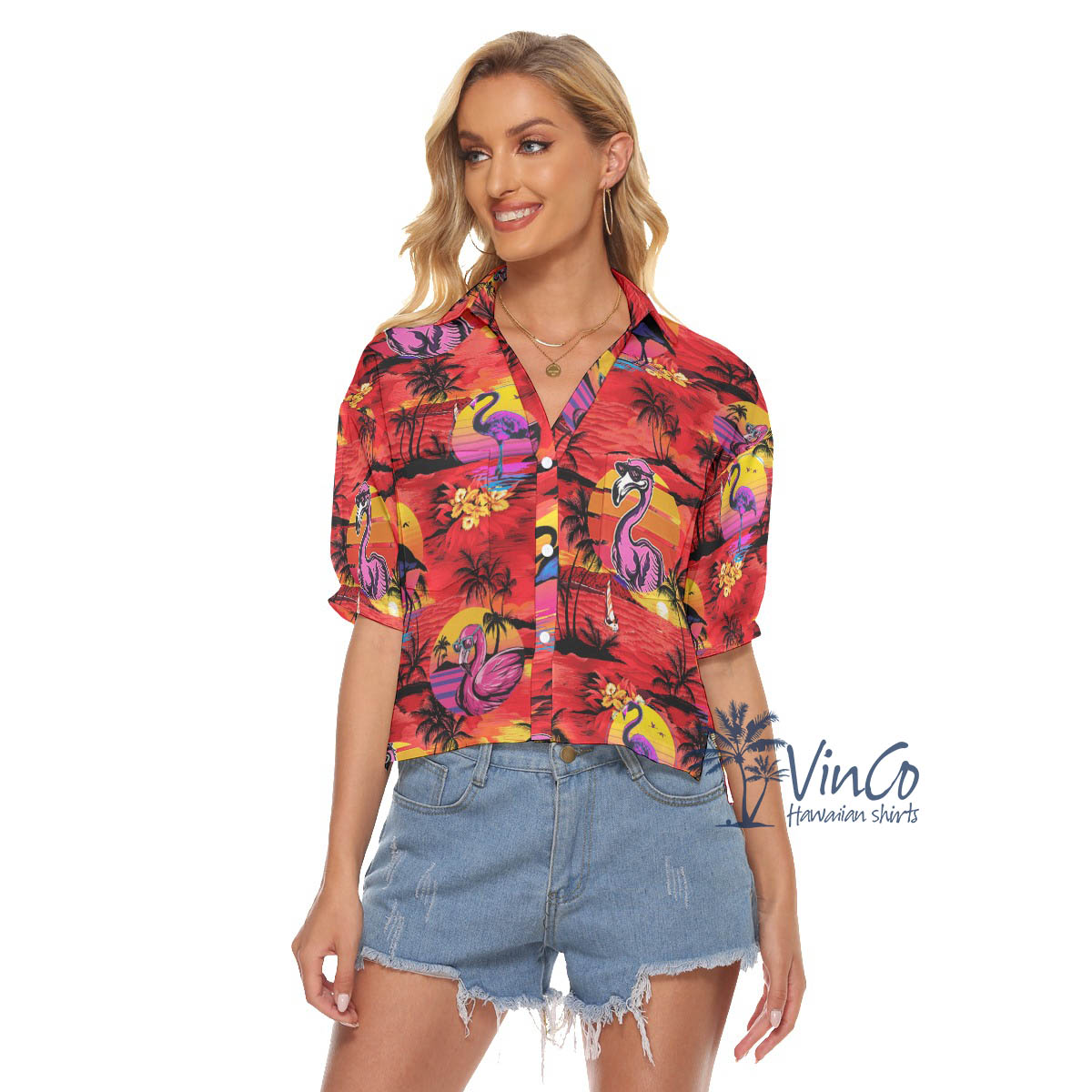 Funny Flamingo Tropical Palm Tree Hawaiian Crop Top Shirt For Women - variant image 1