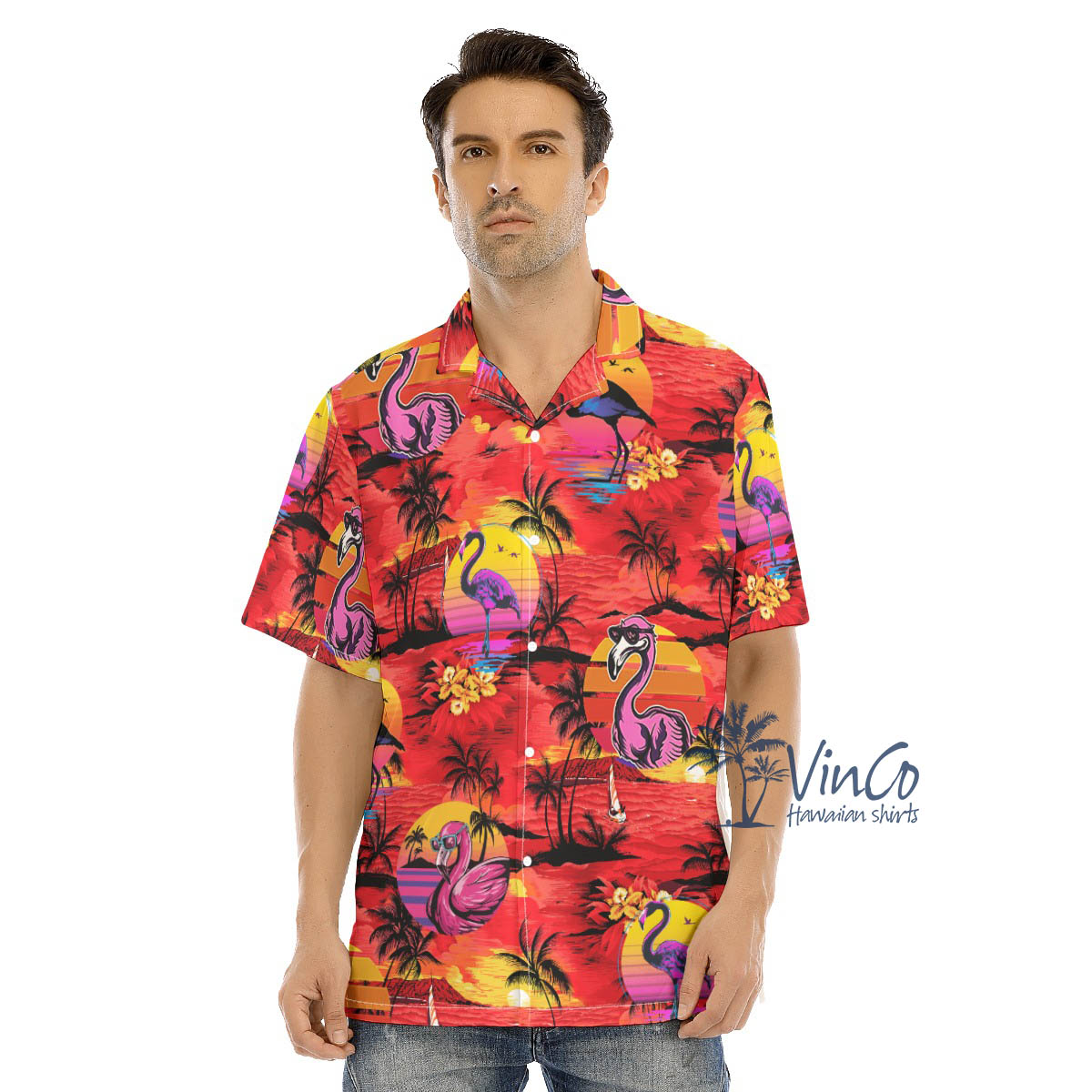 Funny Flamingo Tropical Beach Scene Red Hawaiian Shirt - variant image 1