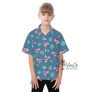 Flamingo Patriotic Hawaiian Button Up Shirt For Kids