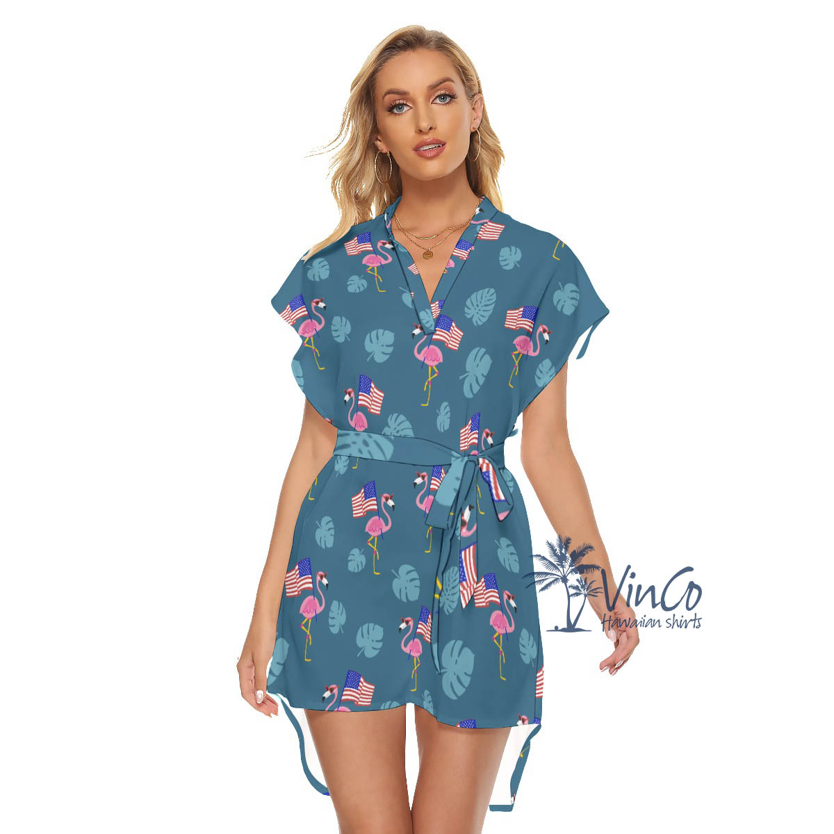 Women's Flamingo American Flag Hawaiian Dress - variant image 1
