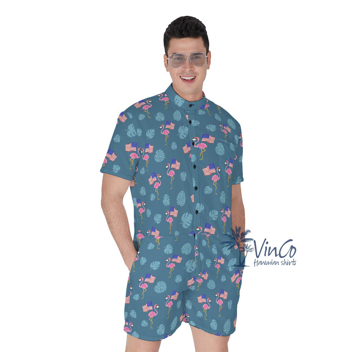 Flamingo American Flag Men's Romper - variant image 1