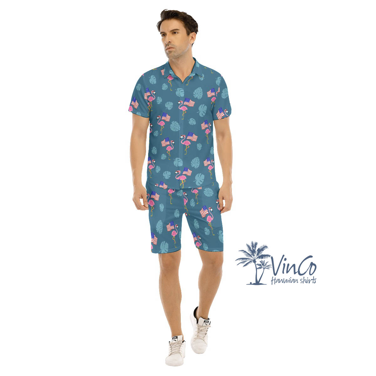 Men's Flamingo Patriotic Hawaiian Shirt Shorts Set - variant image 1