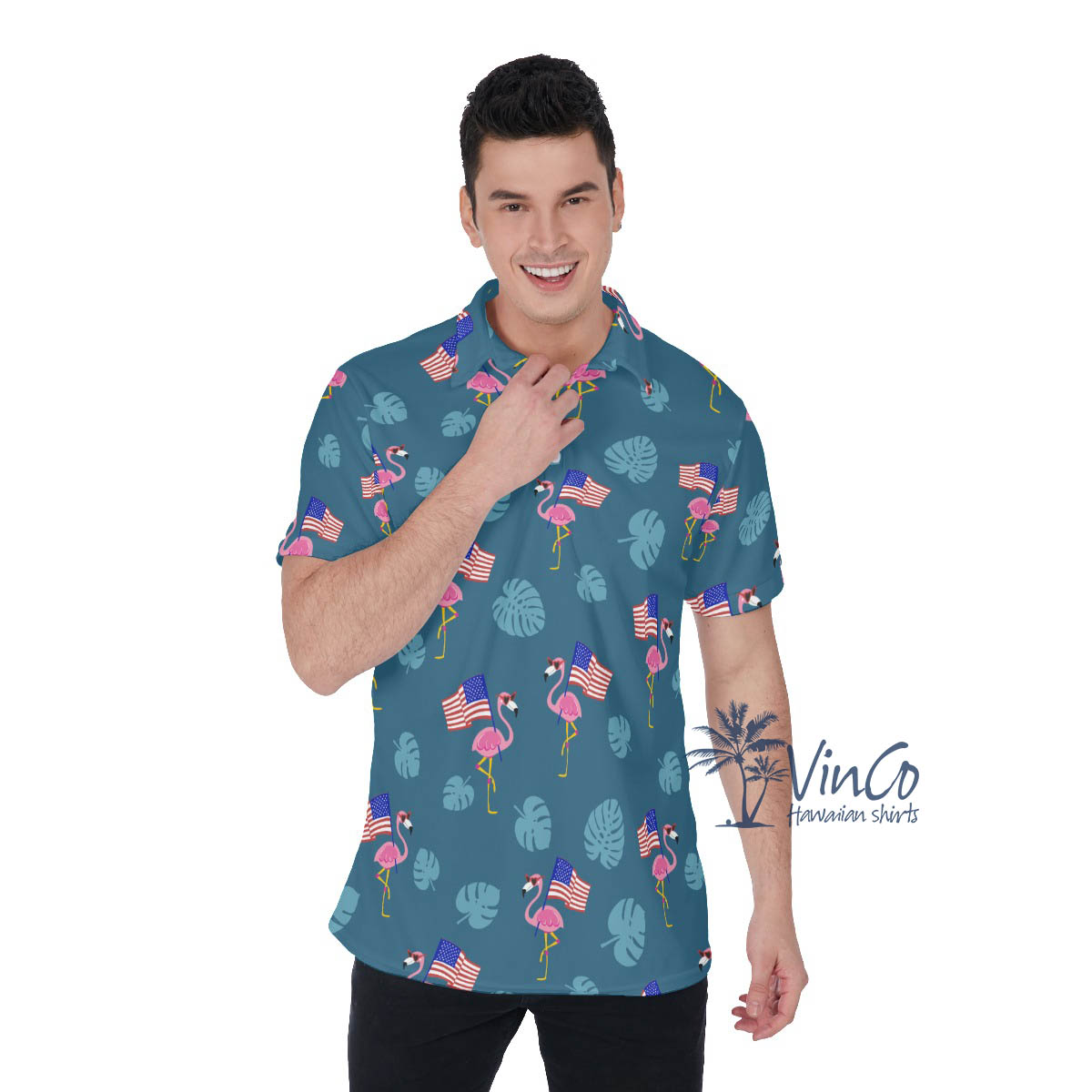 Cool Flamingo 4th Of July Hawaiian Polo Shirt For Men - variant image 1
