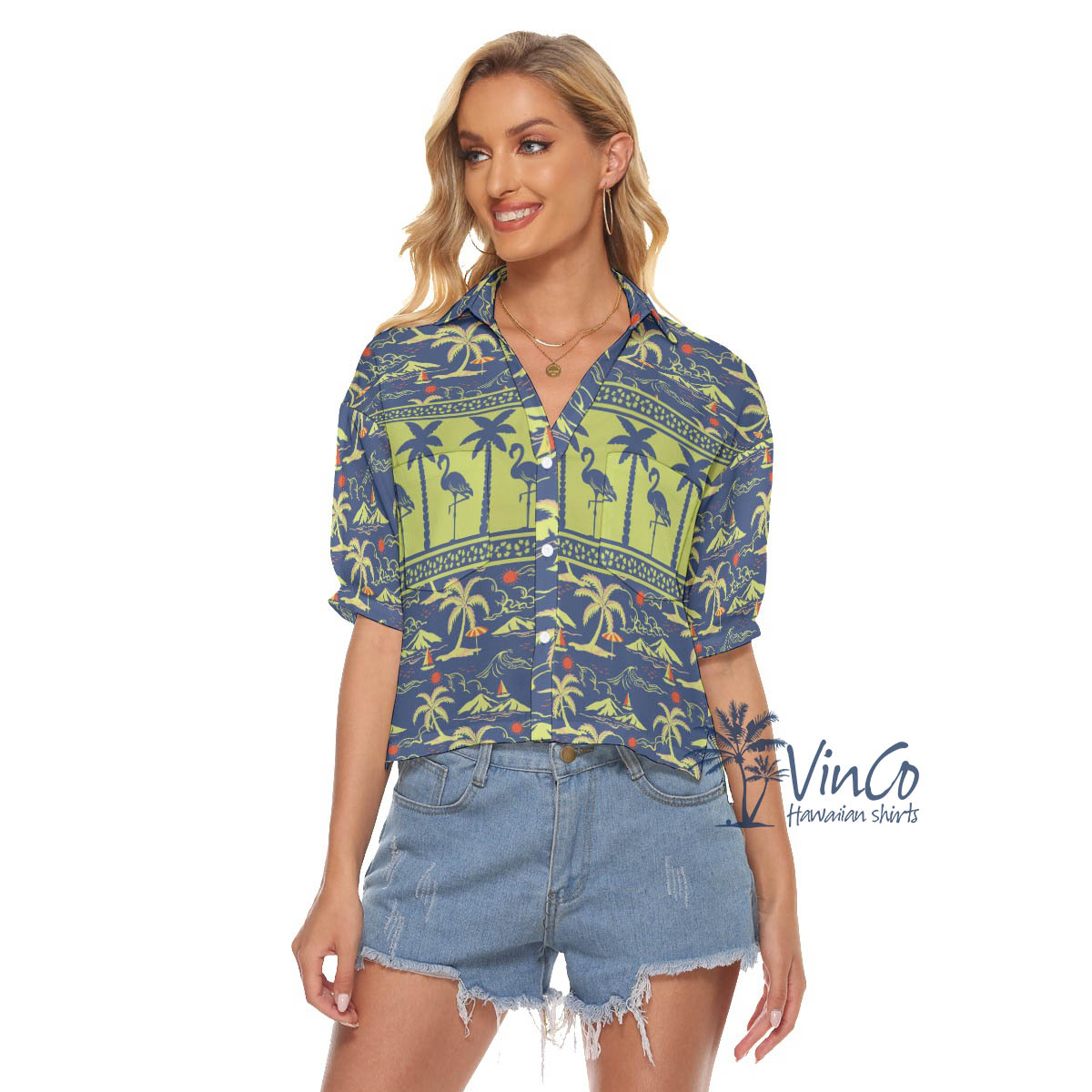 Women's Flamingo Hawaiian Cropped Shirt For Summer - variant image 1