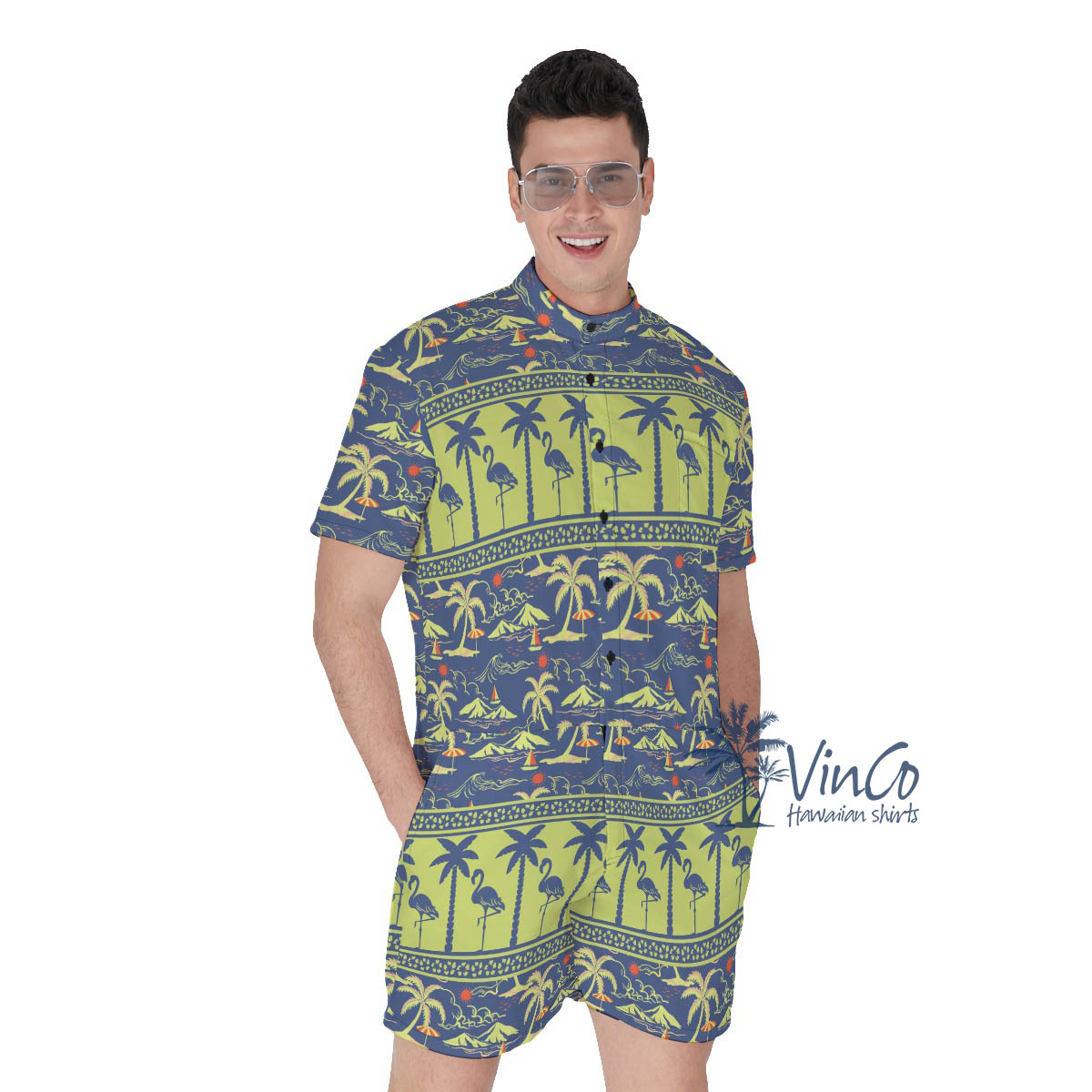 Men's Flamingo Hawaiian Romper For Summer - variant image 1