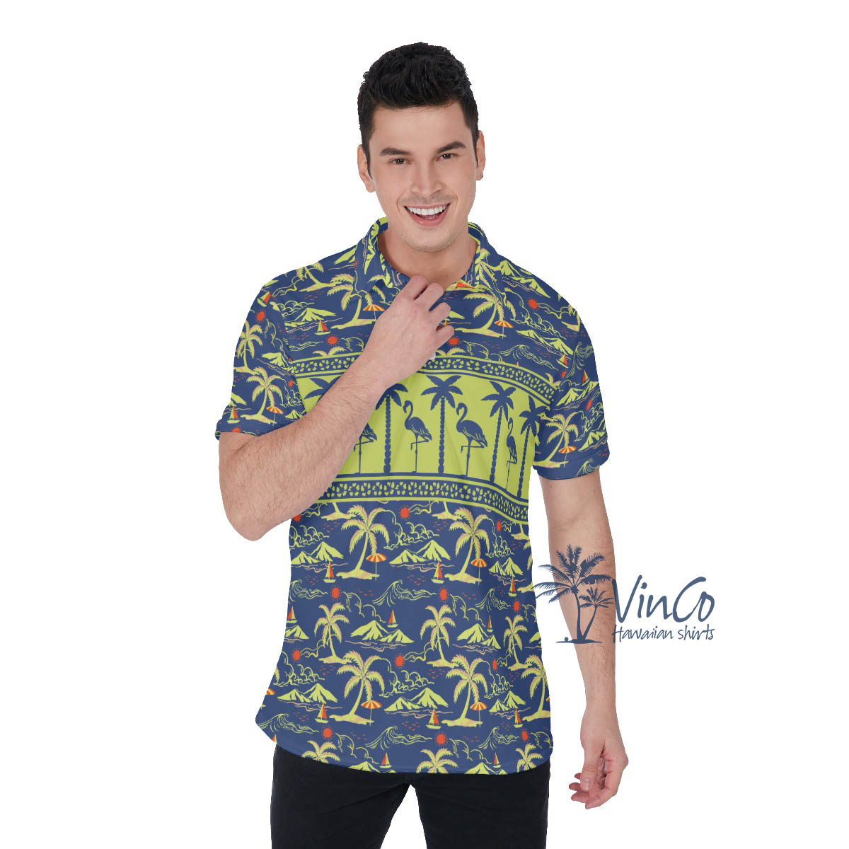 Green Flamingo Hawaiian Polo Golf Shirt For Men - variant image 1