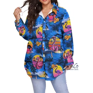 Funny Flamingo Tropical Navy Hawaiian Oversized Shirt For Women