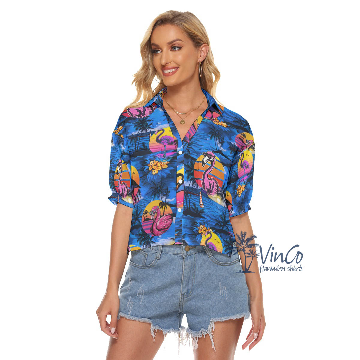 Funny Flamingo Tropical Navy Hawaiian Crop Top Shirt For Women - variant image 1