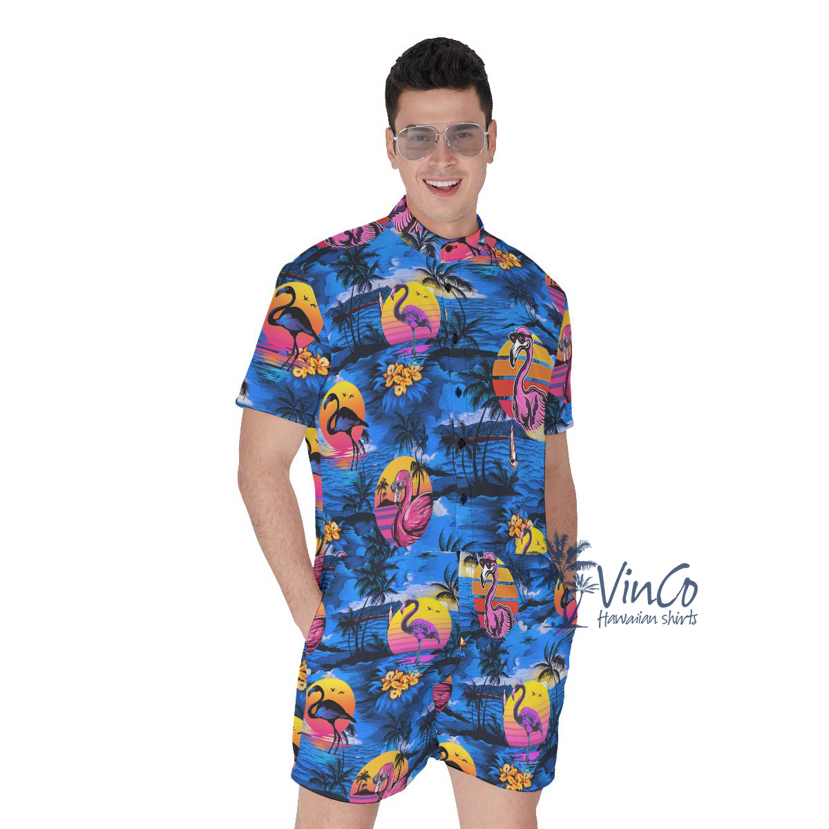 Funny Flamingo Tropical Beach Scene Hawaiian Romper For Men - variant image 1