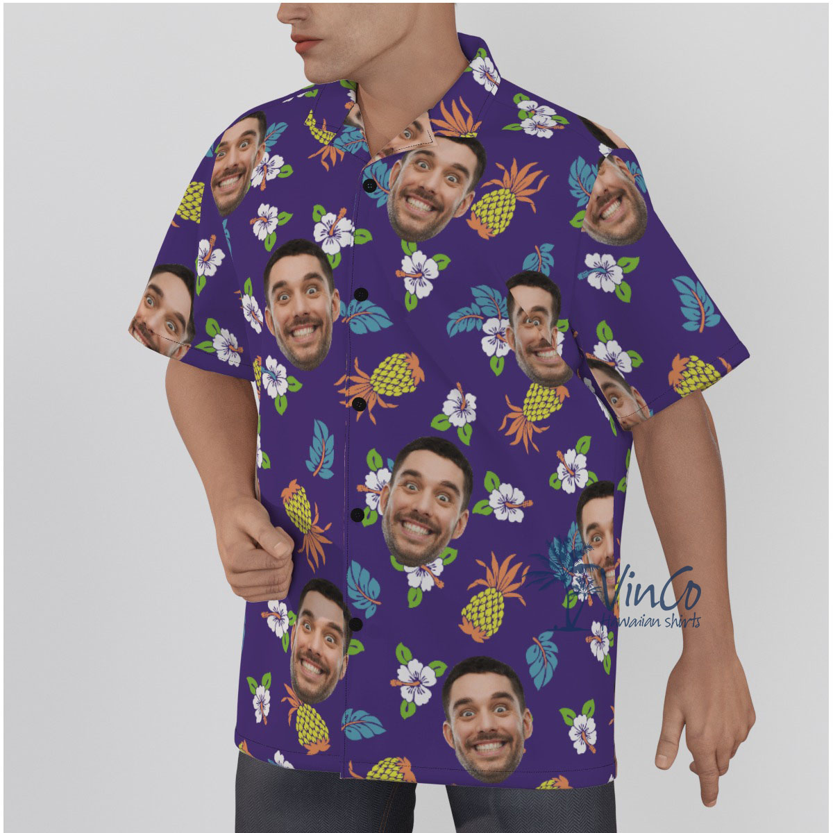 Pineapple Floral Navy Custom Hawaiian Shirt With Face