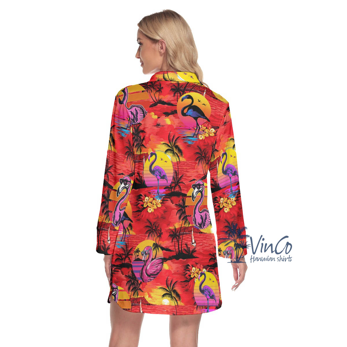 Funny Flamingo Tropical Red Hawaiian Shirt Dress For Women
