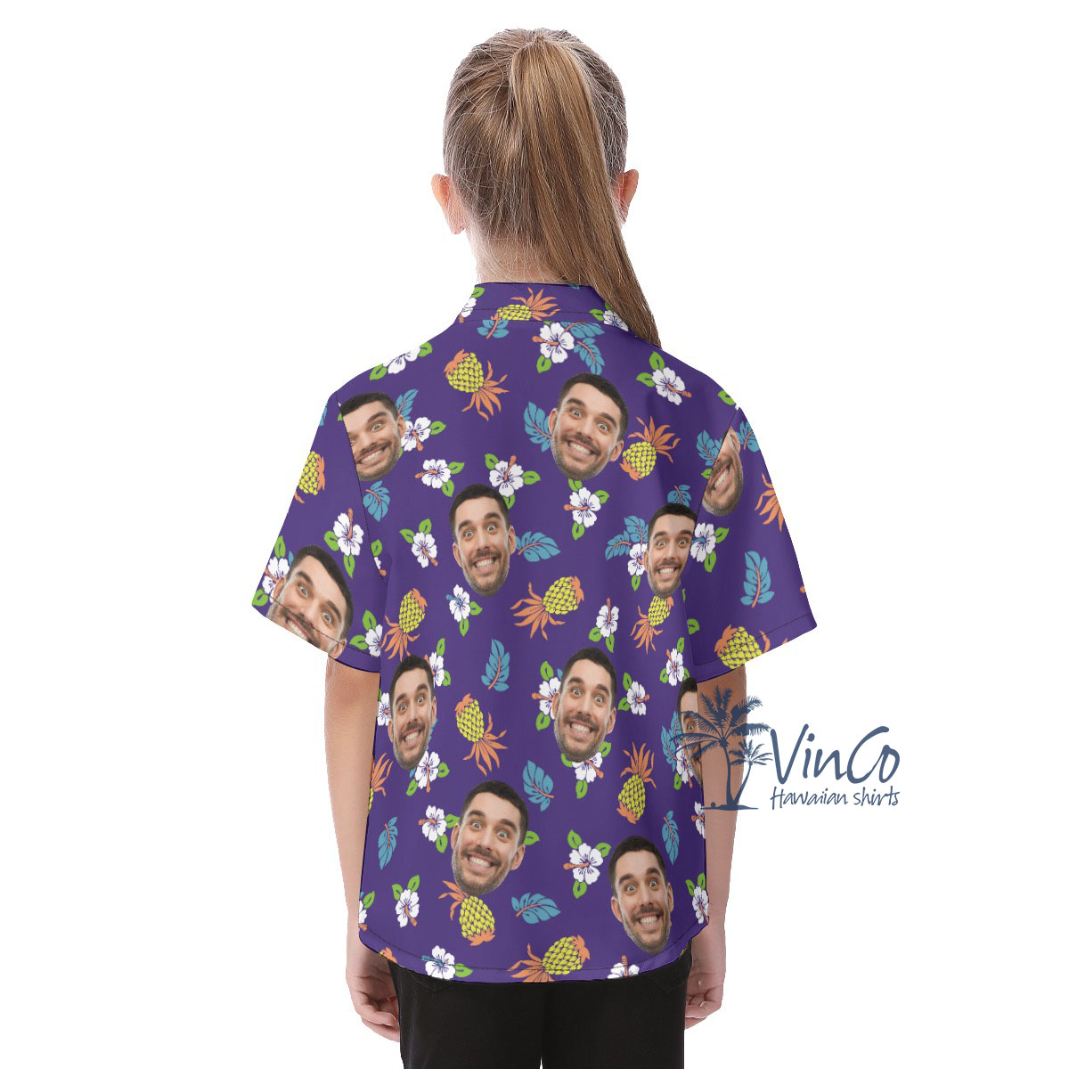 Pineapple Floral Navy Kid's Hawaiian Shirt With Custom Face