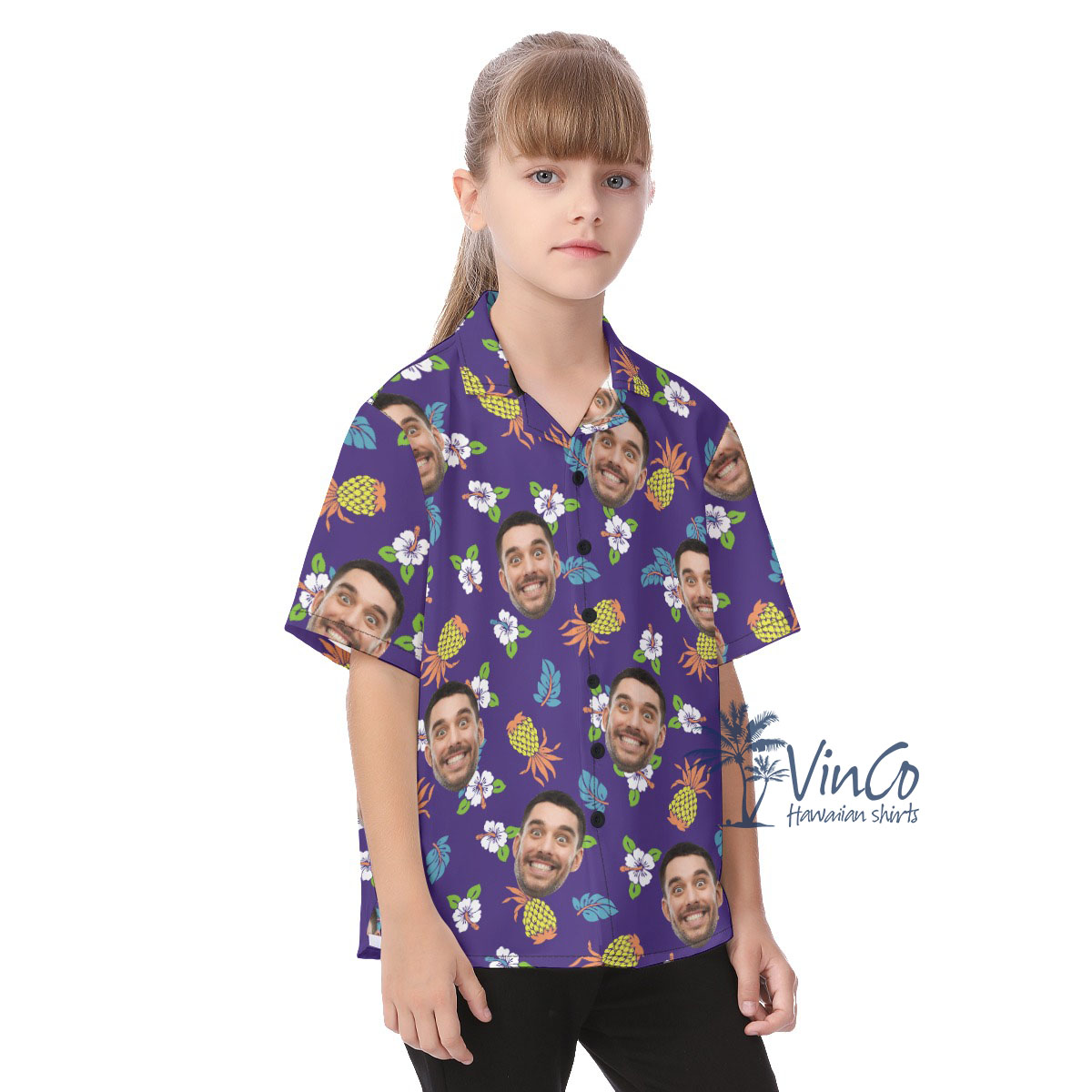 Pineapple Floral Navy Kid's Hawaiian Shirt With Custom Face