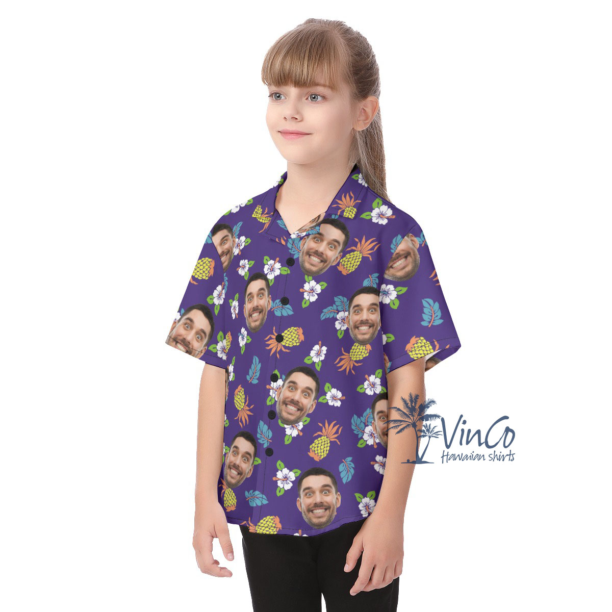 Pineapple Floral Navy Kid's Hawaiian Shirt With Custom Face