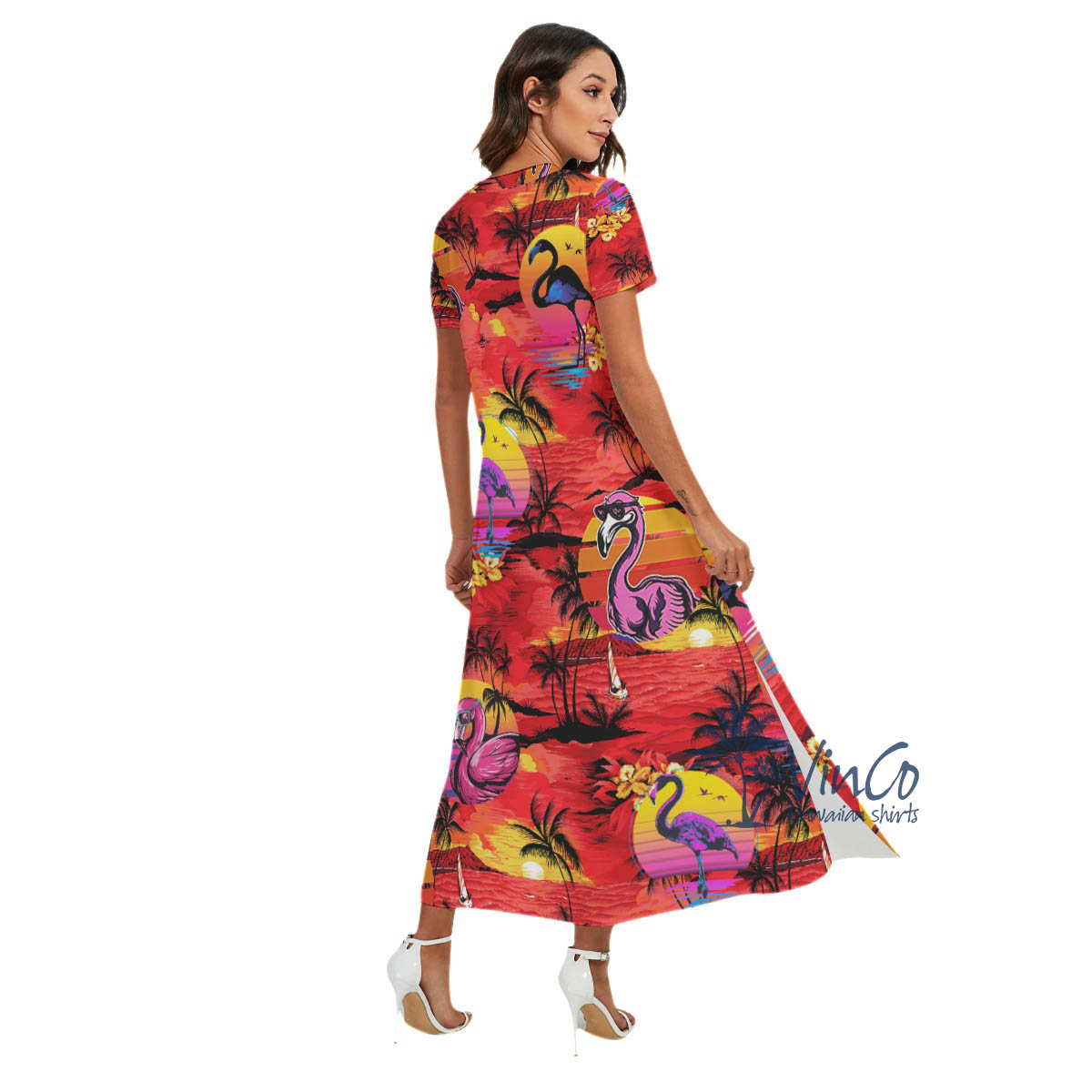 Funny Flamingo Tropical Hawaiian Dress With Side Slit For Women