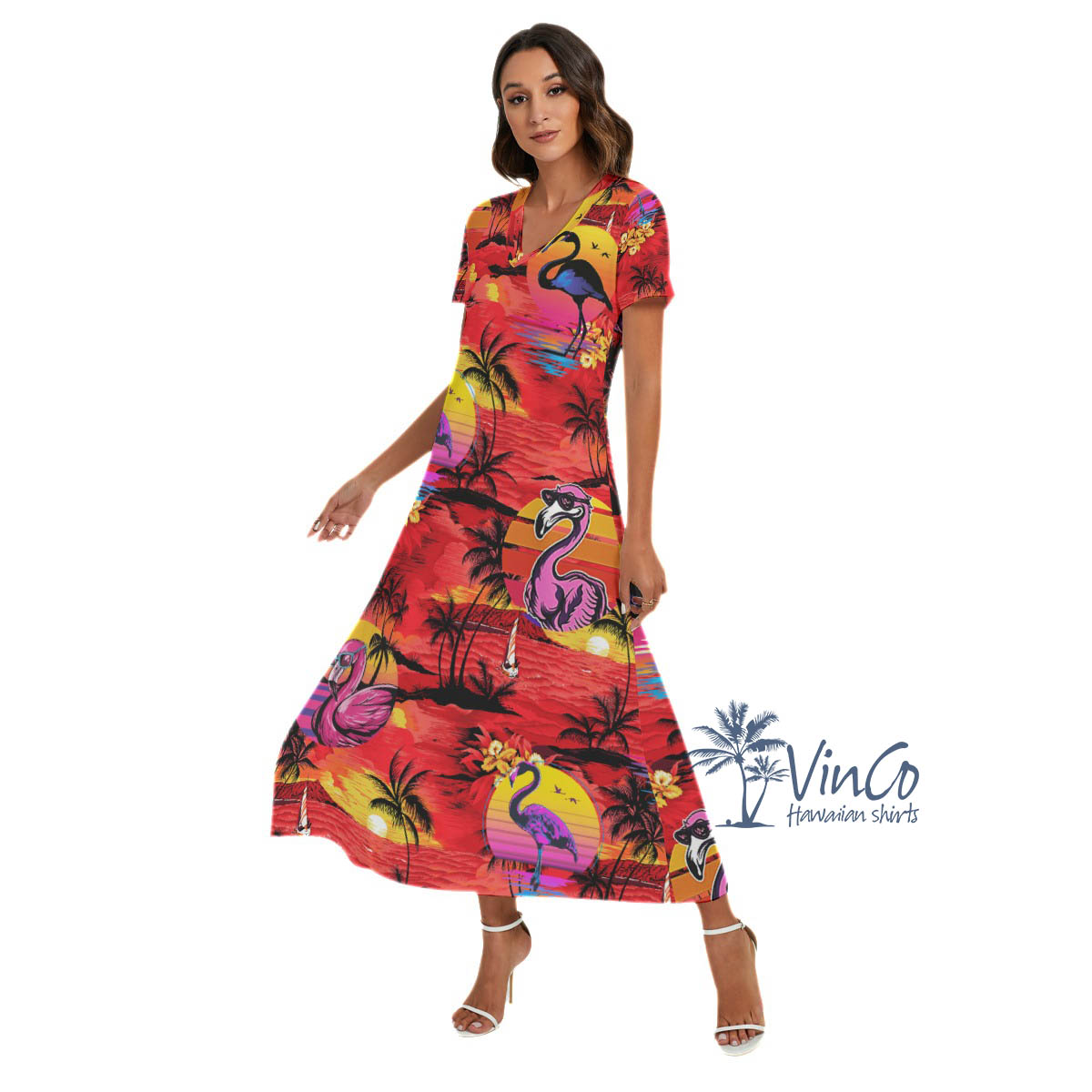 Funny Flamingo Tropical Hawaiian Dress With Side Slit For Women