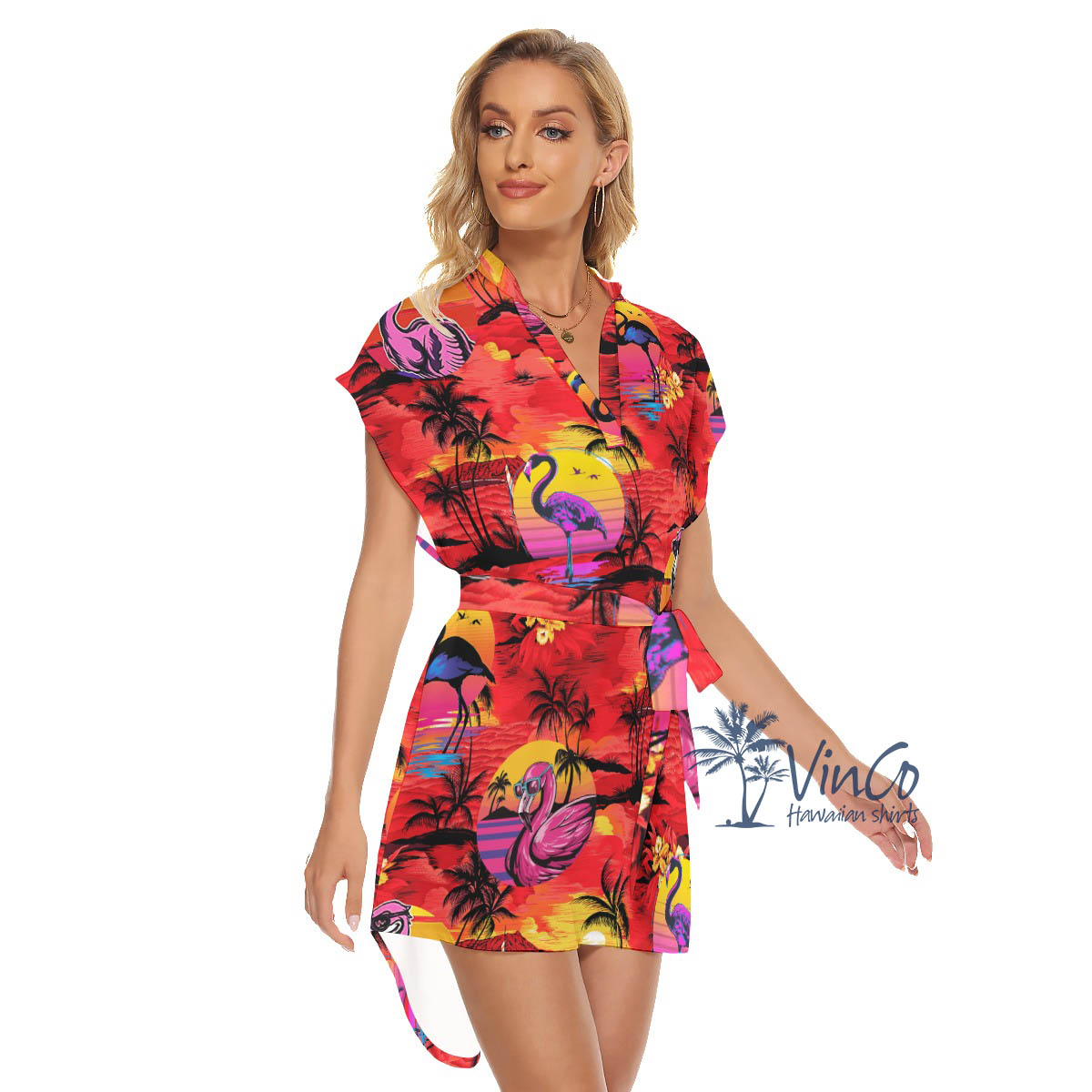 Funny Flamingo Tropical Palm Tree Hawaiian Dress With Belt For Women