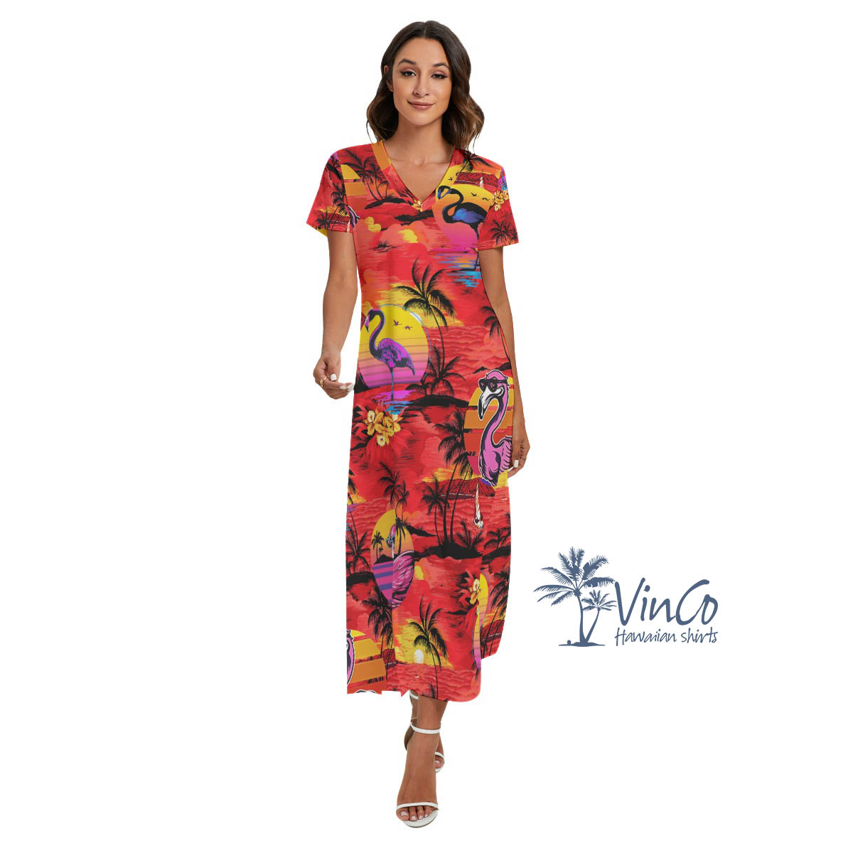 Funny Flamingo Tropical Hawaiian Dress With Side Slit For Women