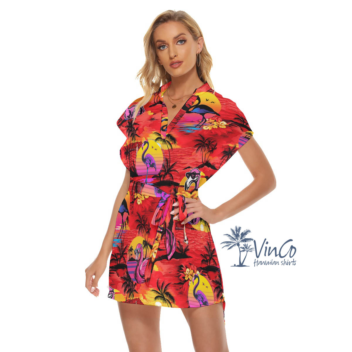 Funny Flamingo Tropical Palm Tree Hawaiian Dress With Belt For Women
