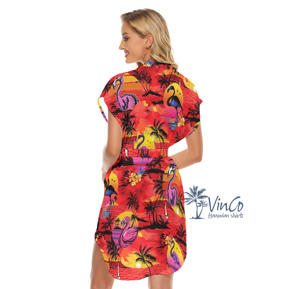 Funny Flamingo Tropical Palm Tree Hawaiian Dress With Belt For Women