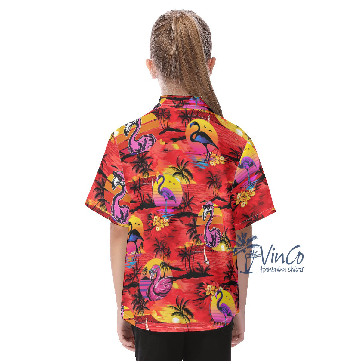 Cute Flamingo Tropical Palm Tree Red Aloha Shirt For Kids