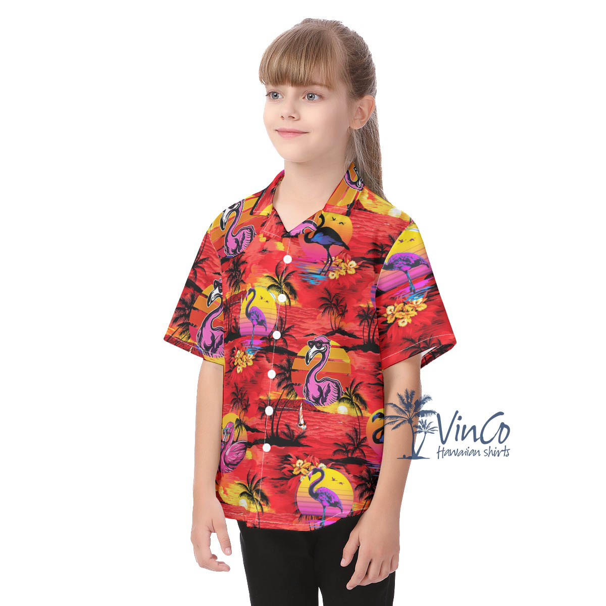Cute Flamingo Tropical Palm Tree Red Aloha Shirt For Kids