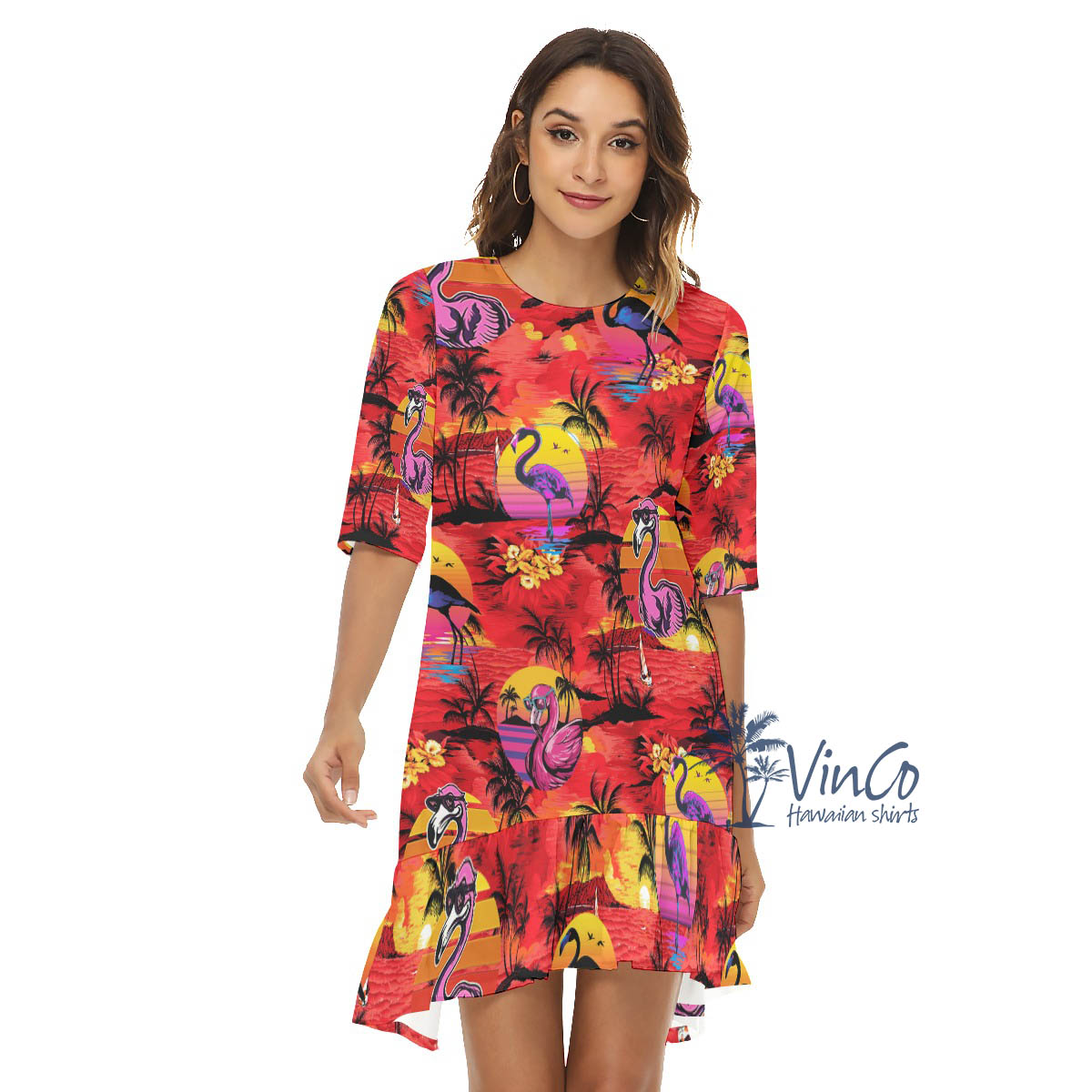 Funny Flamingo Tropical Hawaiian Half Sleeve Dress With Ruffle Hem