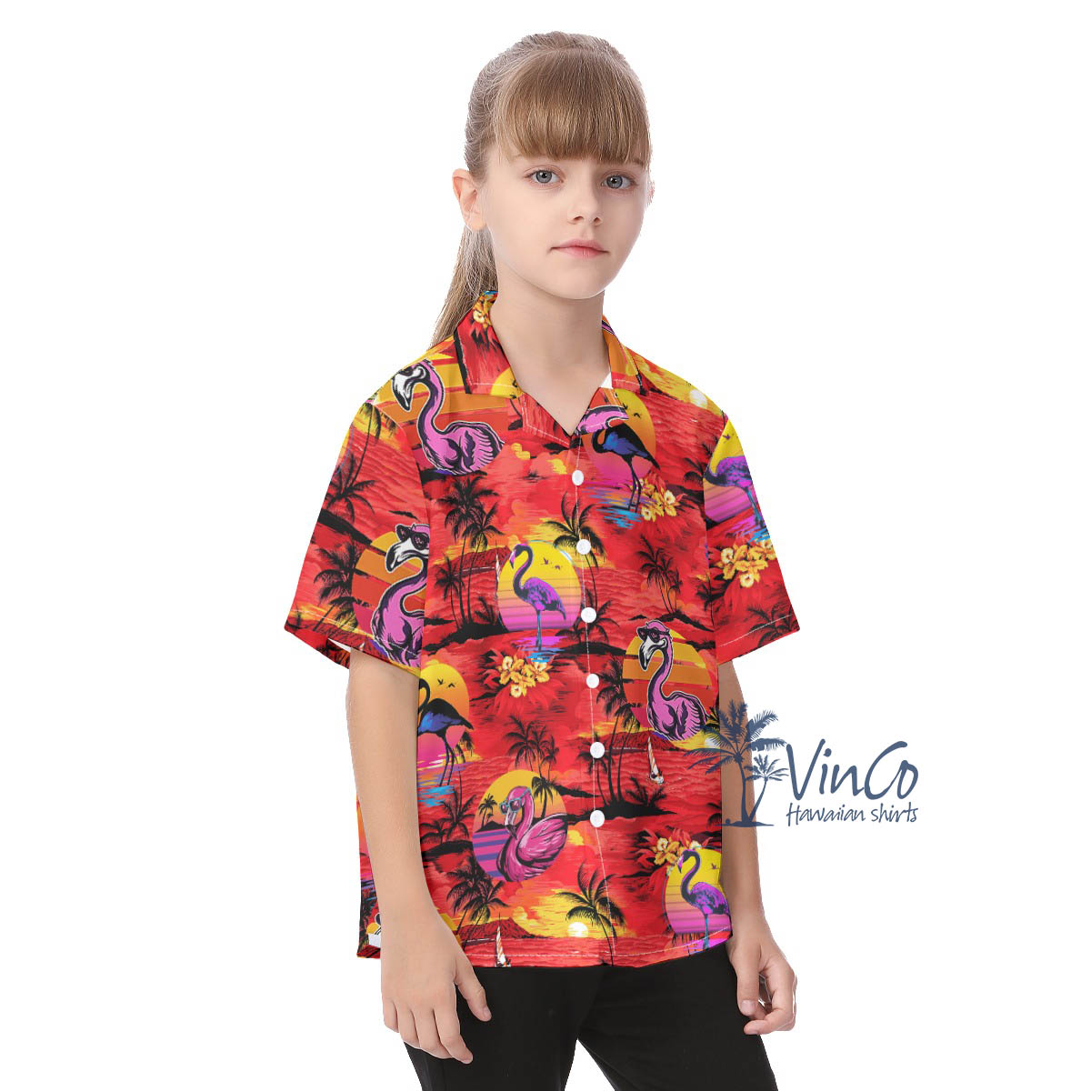 Cute Flamingo Tropical Palm Tree Red Aloha Shirt For Kids