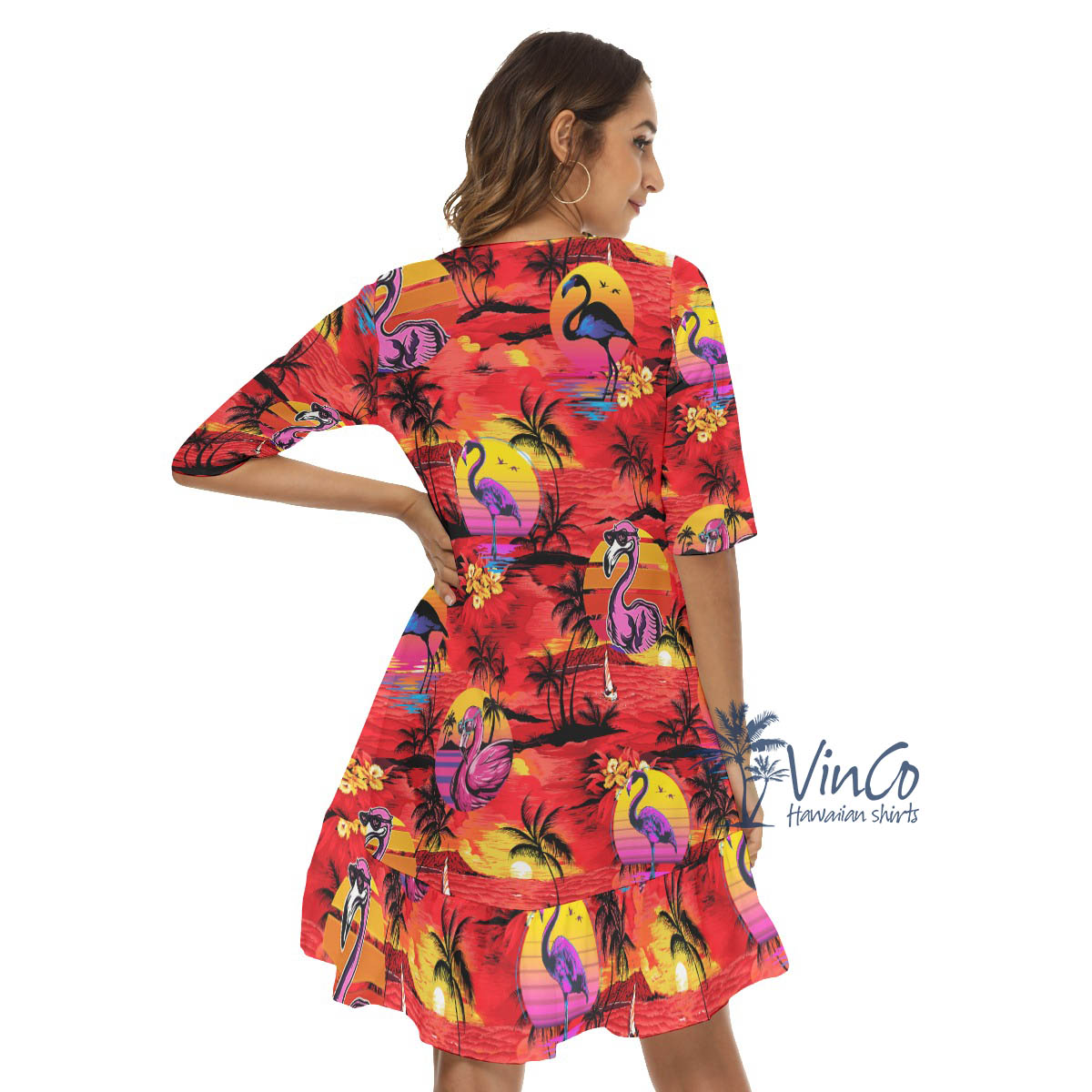 Funny Flamingo Tropical Hawaiian Half Sleeve Dress With Ruffle Hem