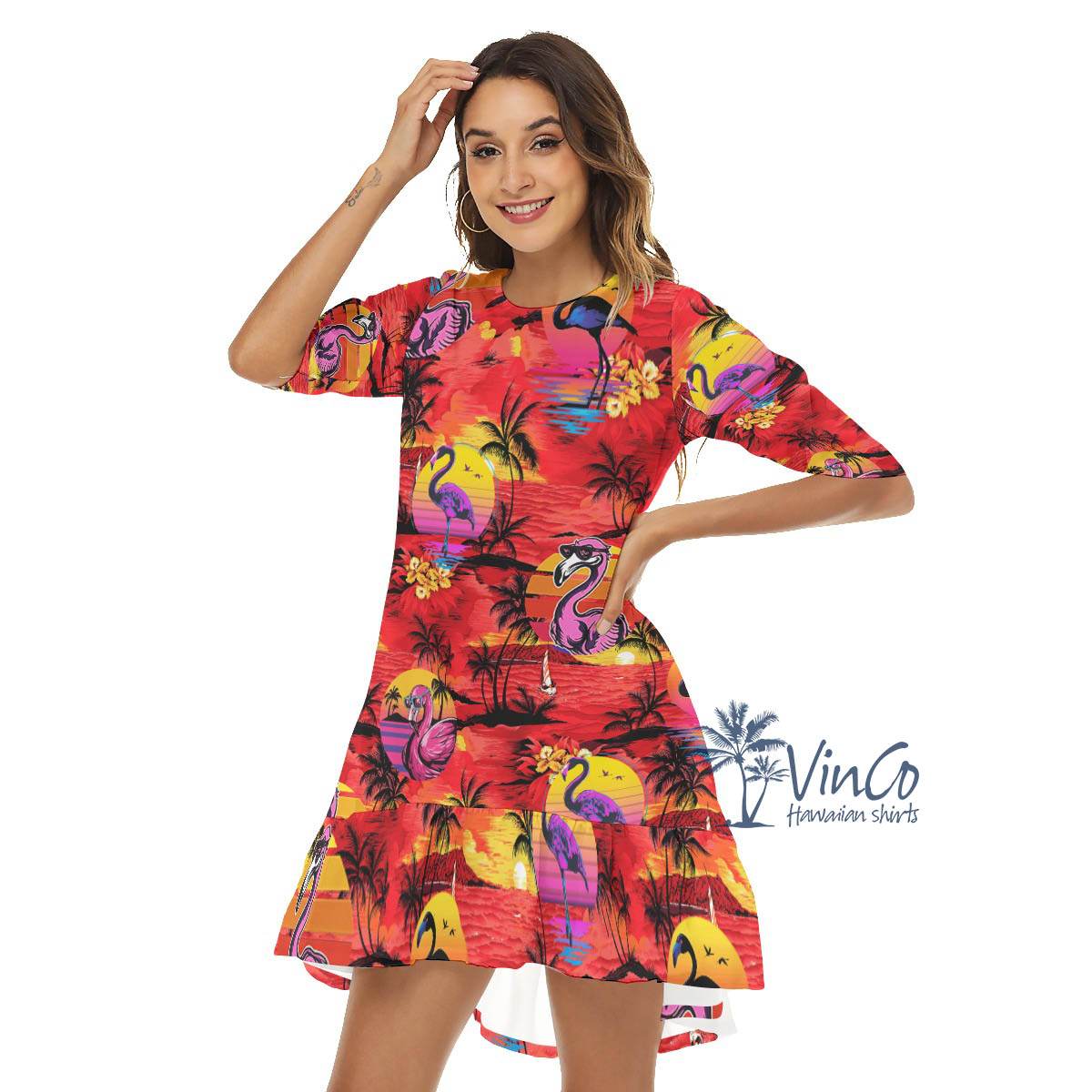 Funny Flamingo Tropical Hawaiian Half Sleeve Dress With Ruffle Hem