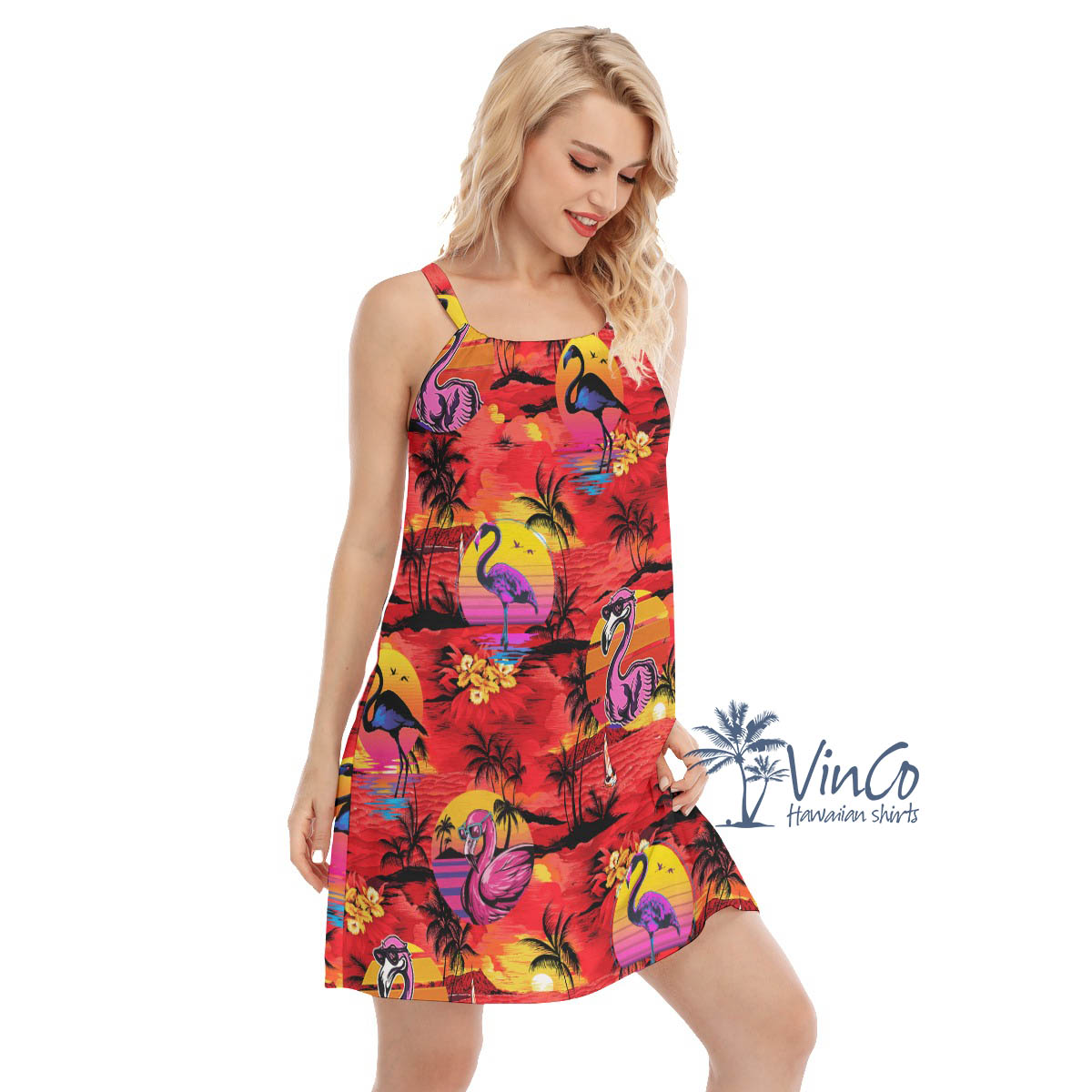 Funny Flamingo Tropical Palm Tree Hawaiian Dress For Women