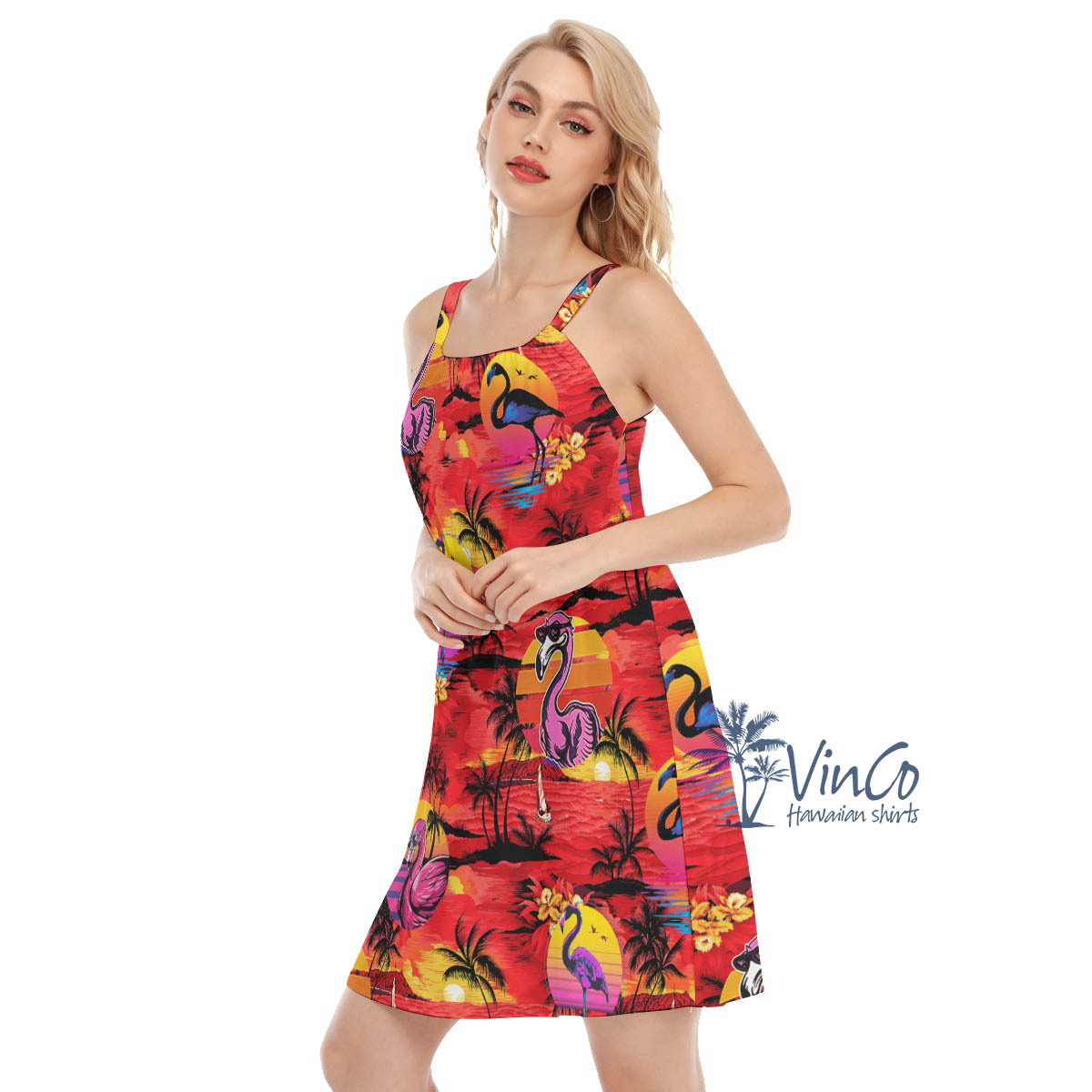 Funny Flamingo Tropical Palm Tree Hawaiian Dress For Women